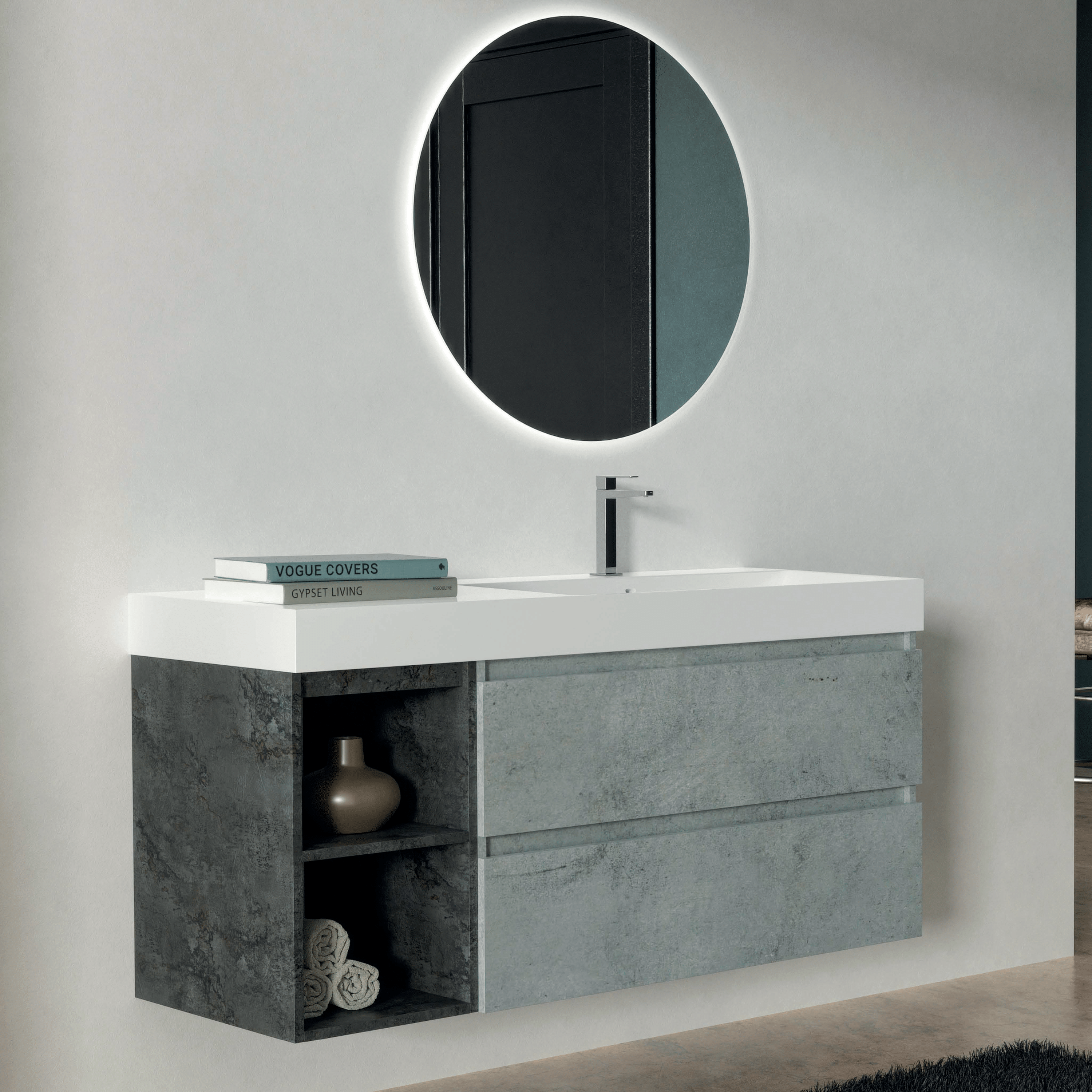 Mobile Bagno Sospeso 120 Cm Due Cassetti Con Vano a Giorno Specchio Tondo Diametro 80 Cm Esseci Arredo Bagno "Elite"