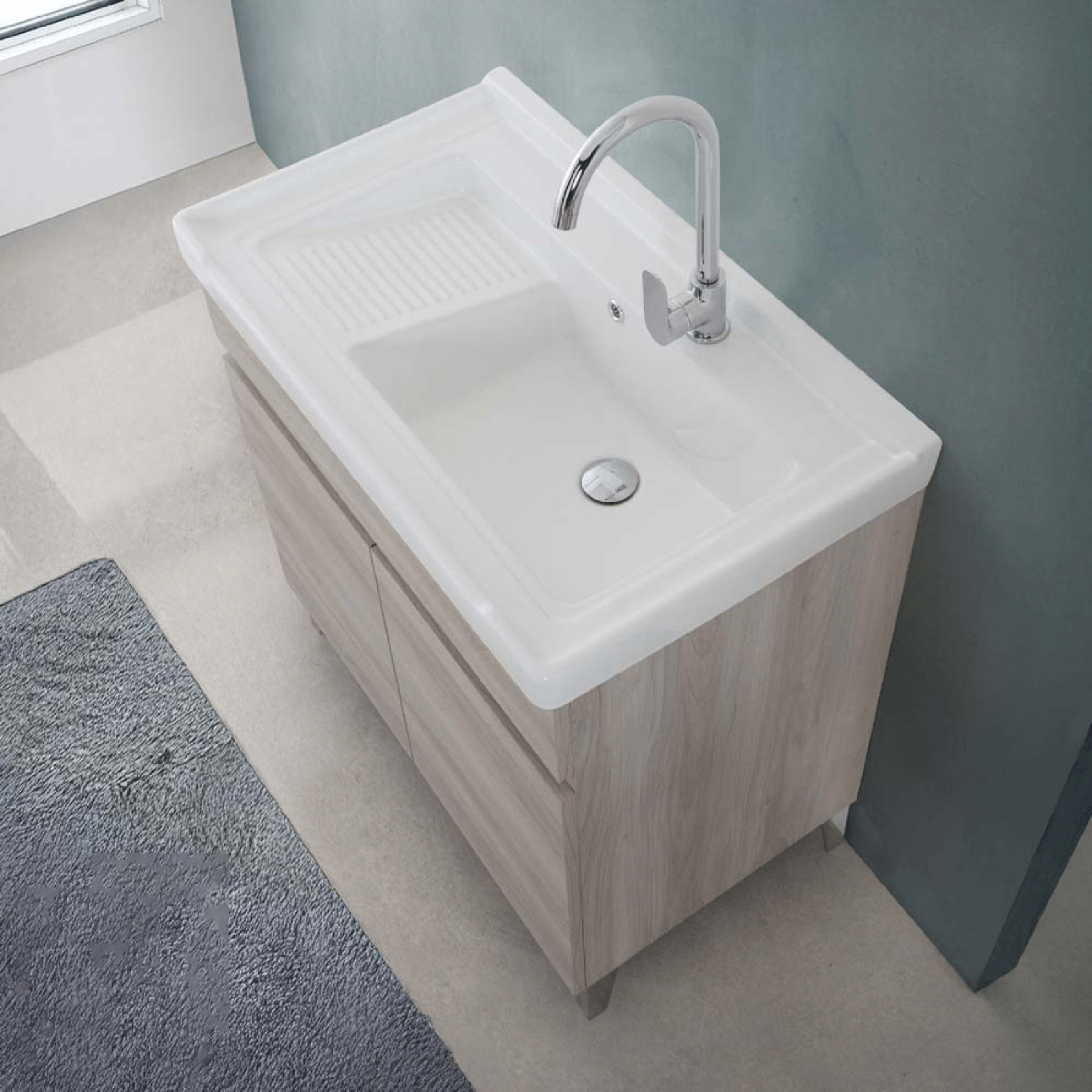 Lavatoio a Terra 80x46,8 Due Ante Con Vasca Feridras "Alba" Rovere Grigio