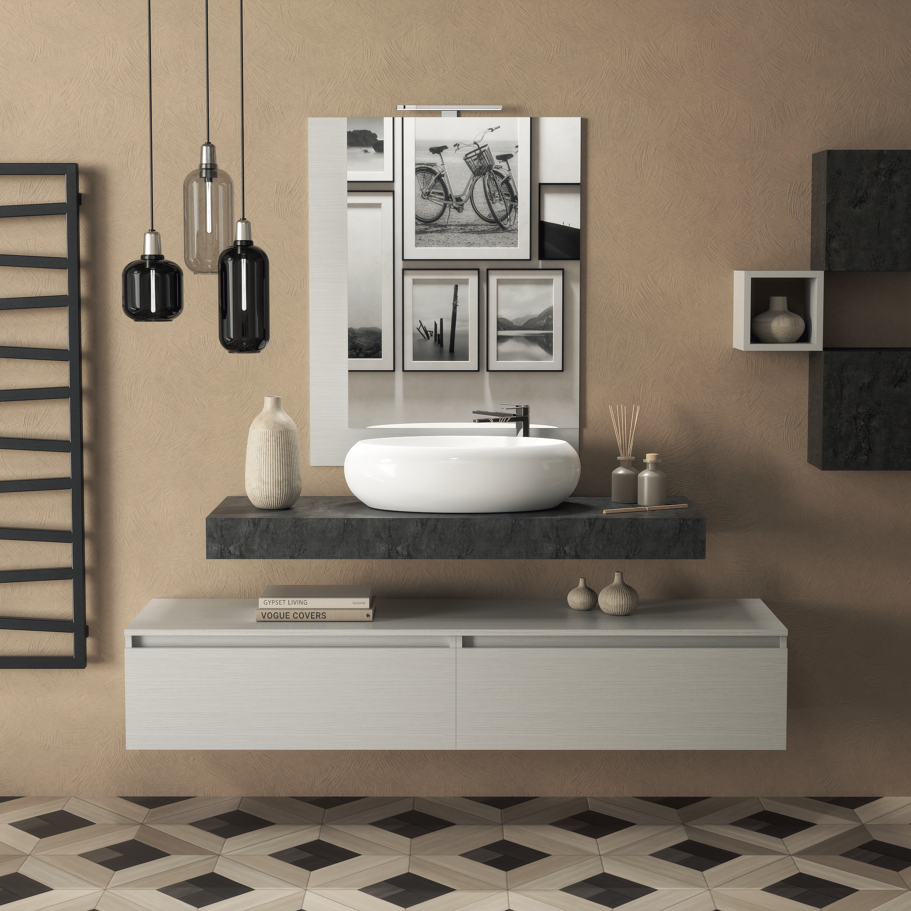 Mobile Bagno Sospeso 160 Cm Due Cassetti Specchio Con Lampada Led 90x70 Cm Esseci Arredo Bagno "Procida"