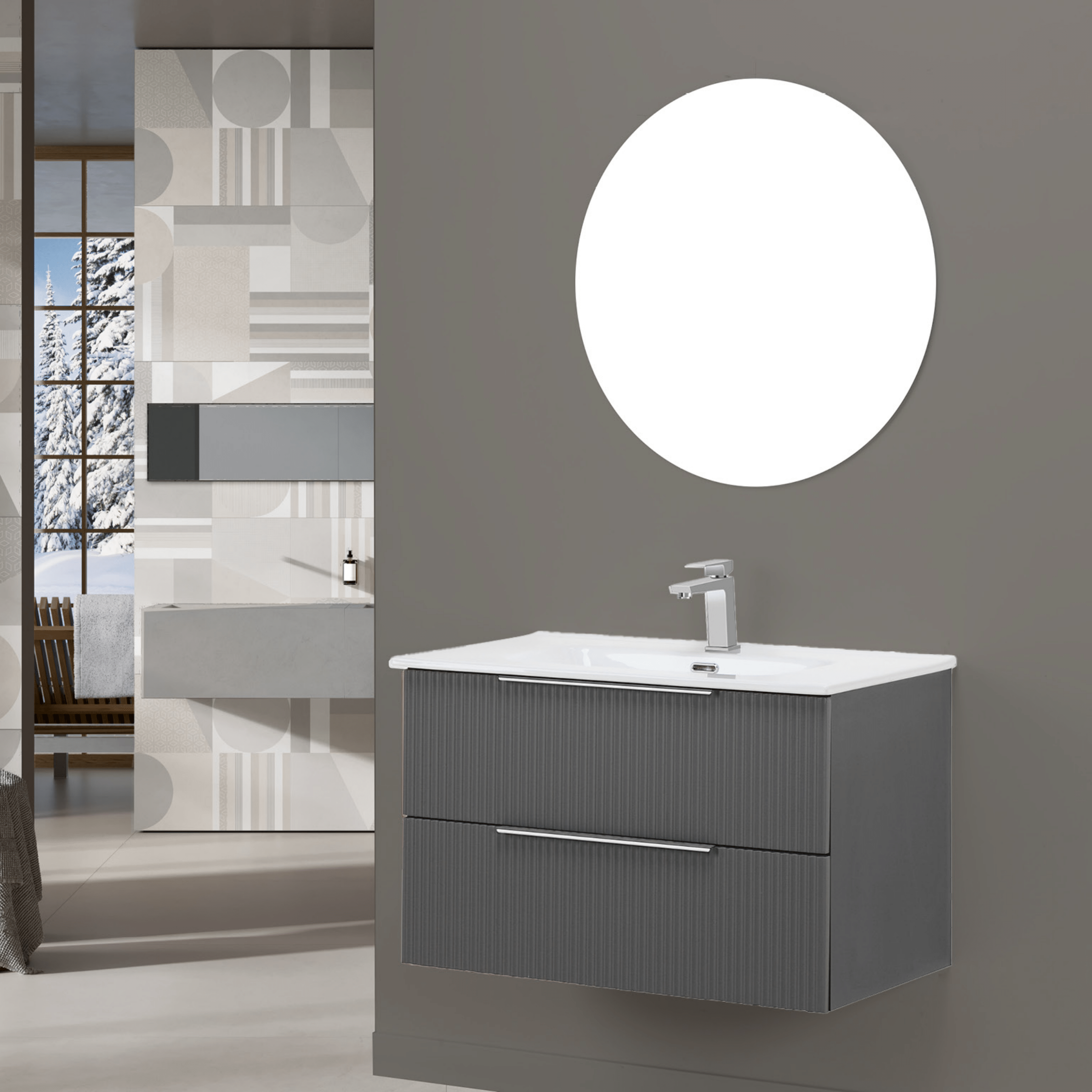 Mobile Bagno Sospeso Cannettato 100 Cm Due Cassetti Specchio Filo Diam.80 Cm Feridras "Burano" Grigio