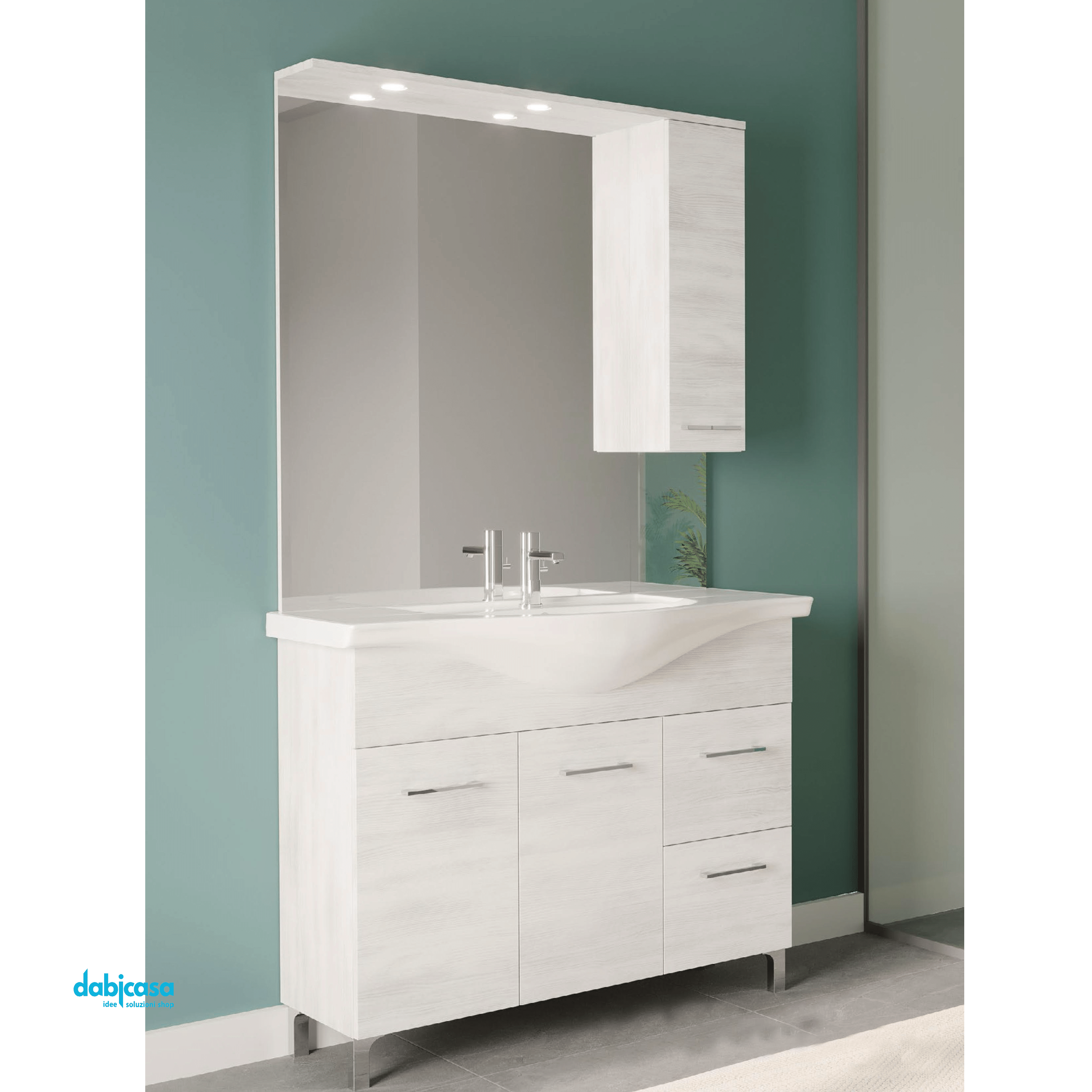 Mobile Bagno A Terra "Rubino" Da 105 Cm Composto Da Due Ante E Due Cassetti Lavabo E Specchio Con Pensile Finitura Rovere Bianco