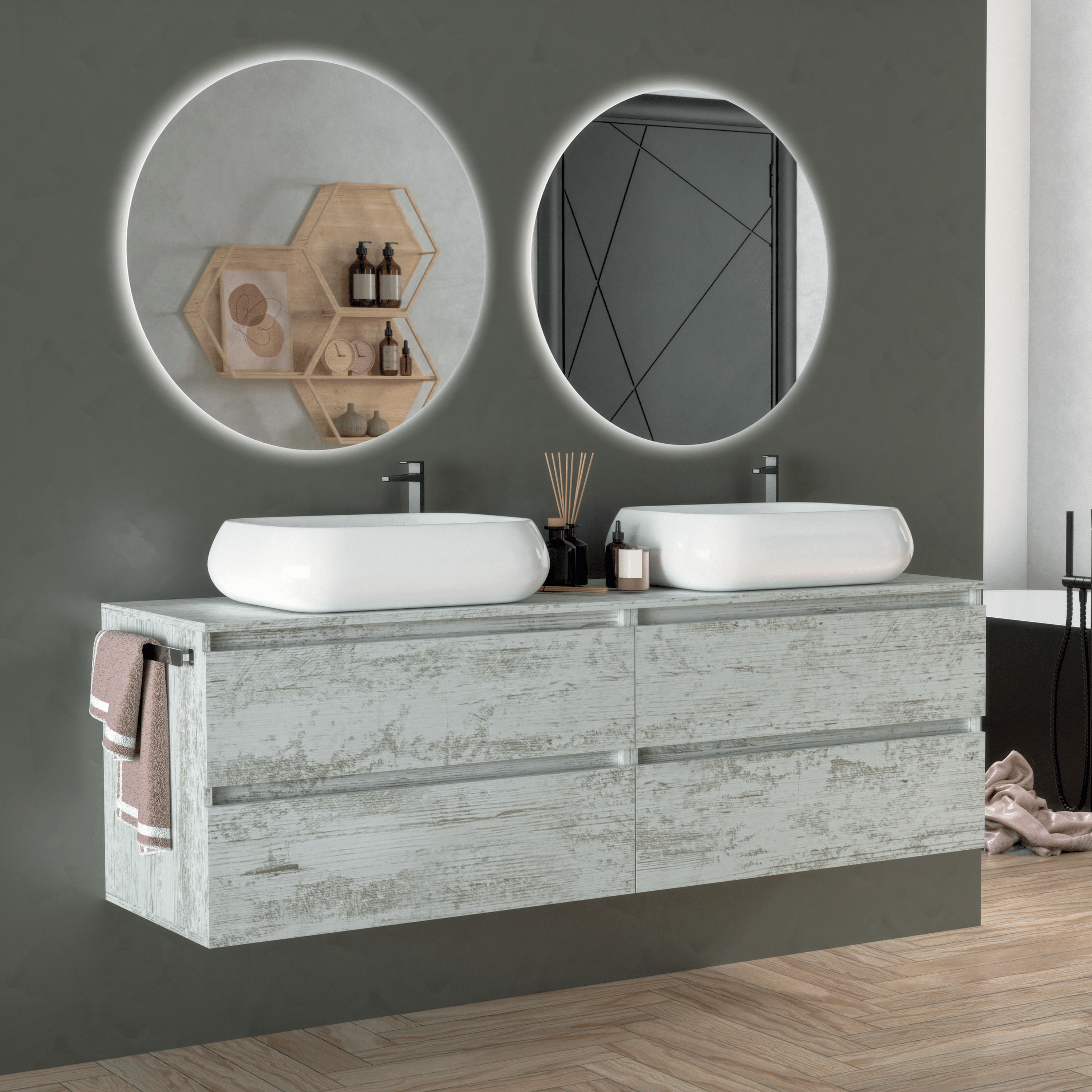 Mobile Bagno Sospeso 160 Cm Quattro Cassetti Specchi Retroilluminati Diametro 80 Cm Esseci Arredo Bagno "Vulcano"