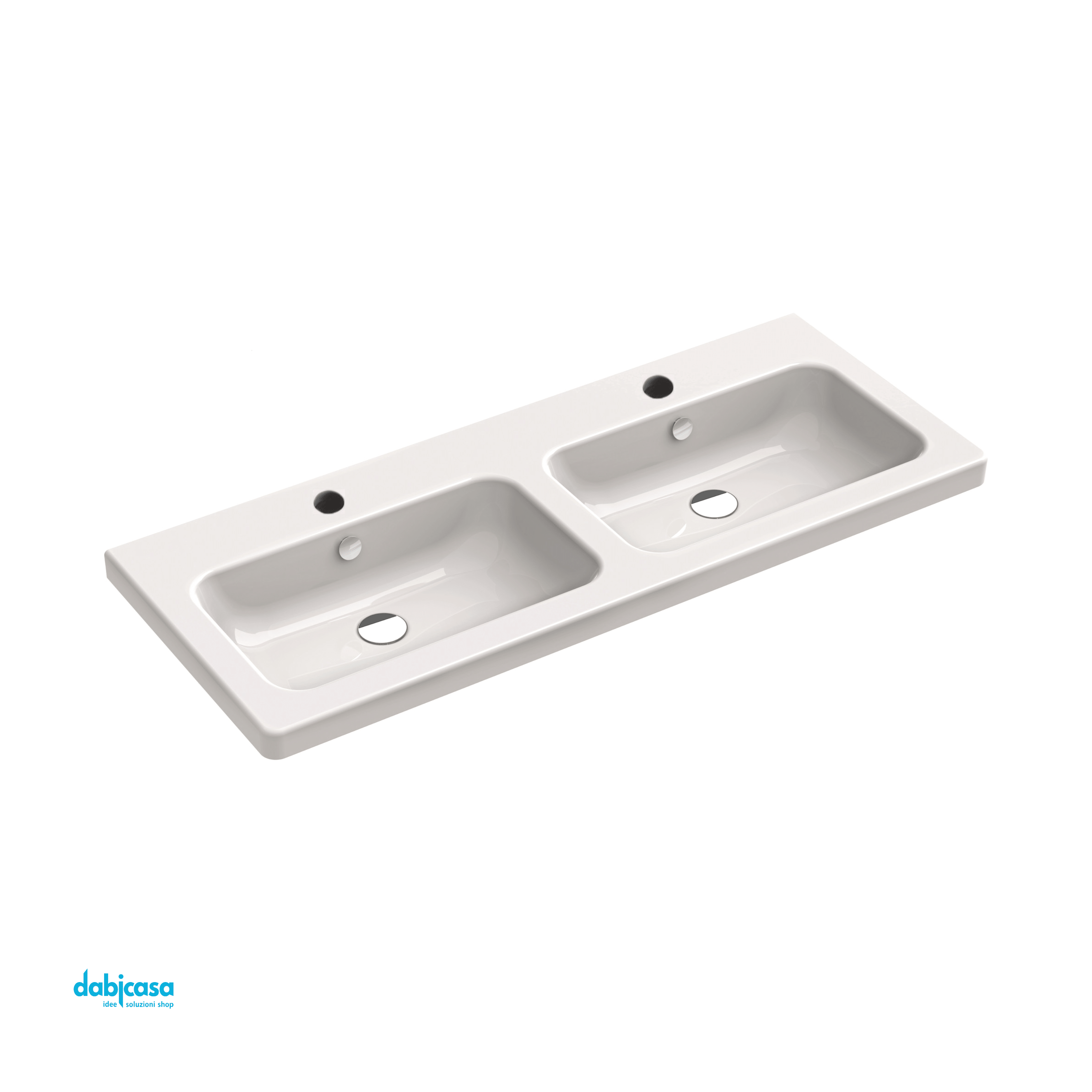 Lavabo Doppia Vasca "Optima L" C/Doppio Foro Rubinetteria Da 125x50 Cm In Ceramica Finitura Bianco Lucido