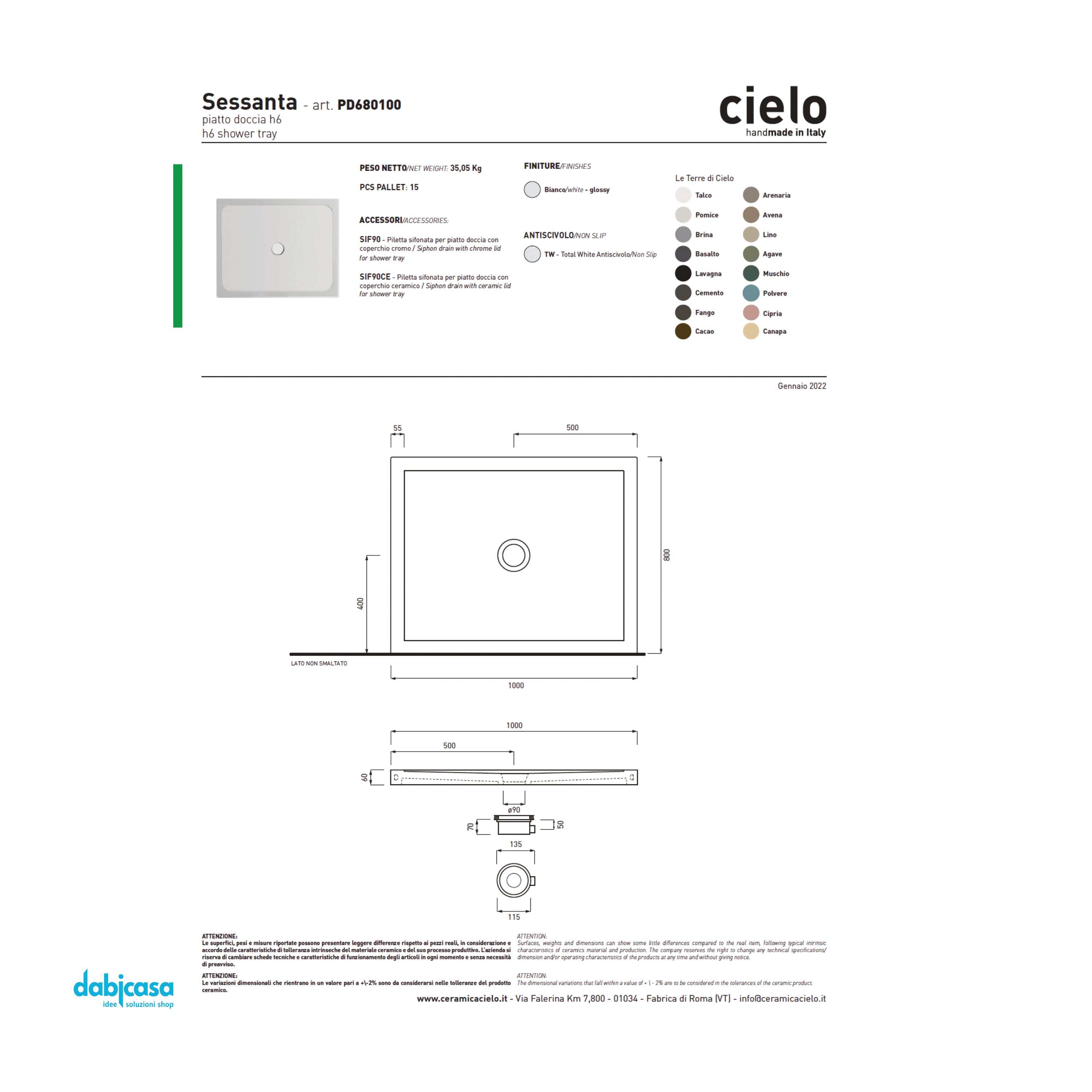 Ceramica Cielo "Sessanta" Piatto Doccia 80x100 Bianco Lucido