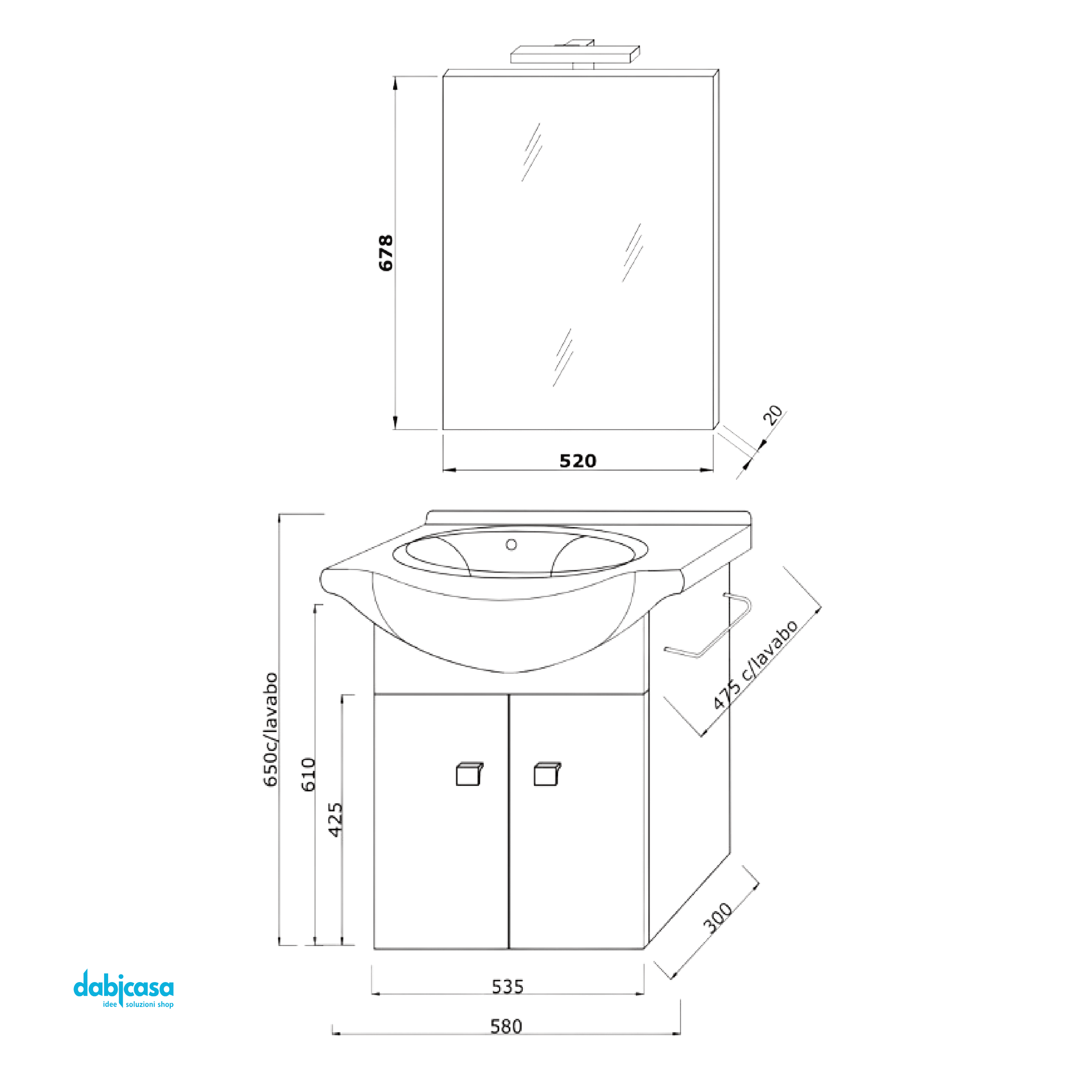 Mobile Bagno Sospeso "Zaffiro" Da 56,5 cm Composto Da Due Ante Finitura Rovere Bianco