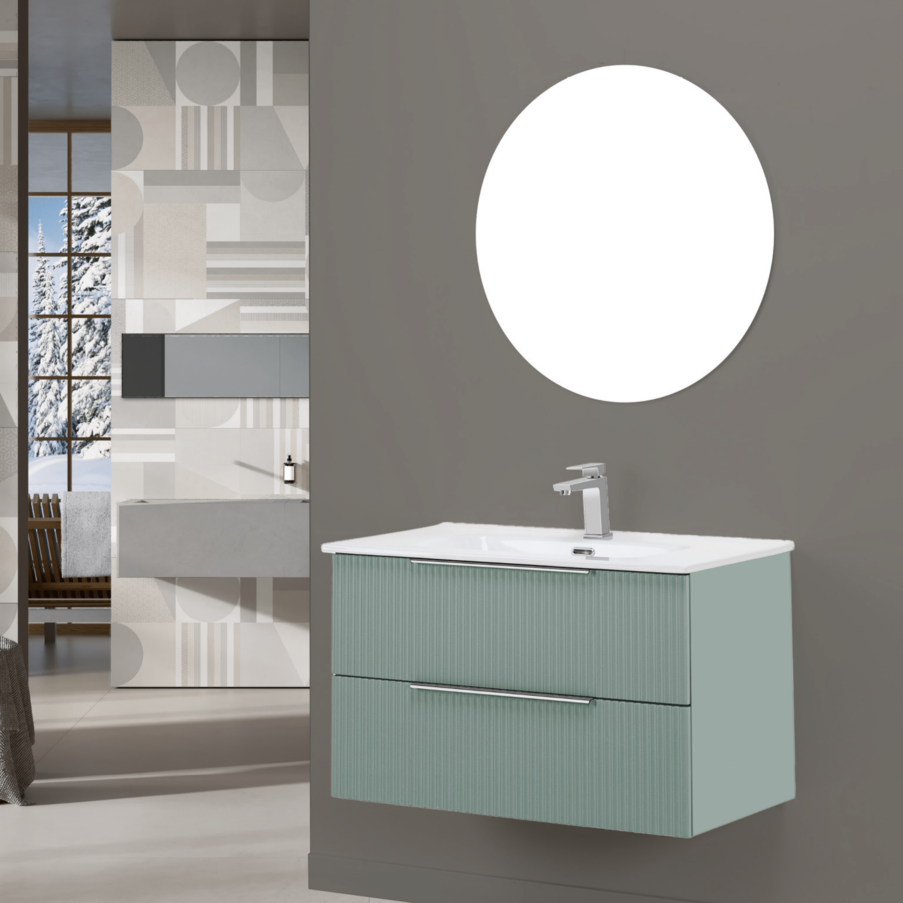 Mobile Bagno Sospeso Cannettato 100 Cm Due Cassetti Specchio Filo Diam.80 Cm Feridras "Burano" Verde