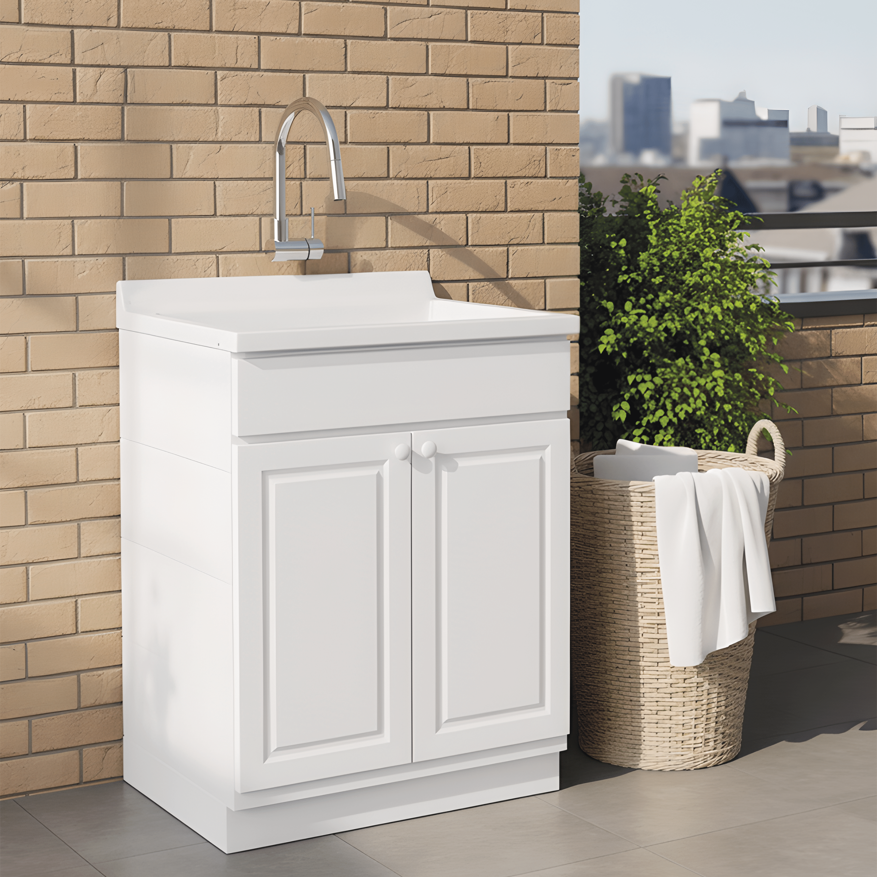 Lavatoio a Terra Per Interno/Esterno 60x60 Due Ante Con Vasca Sifone e Tavoletta "Selene" Bianco