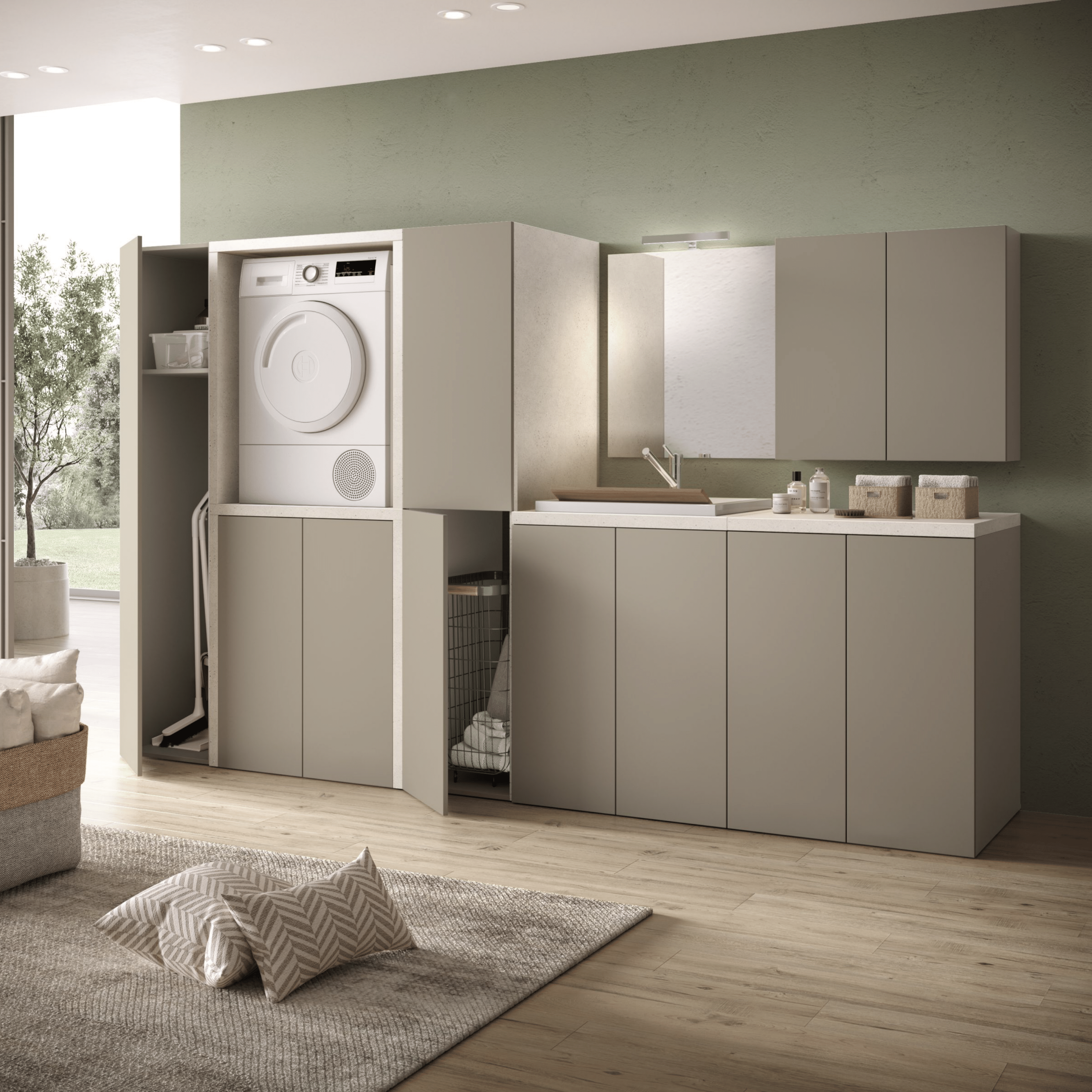 Sistema Lavanderia Componibile 300 Cm Savini In Finitura Pietra/Tortora Opaco