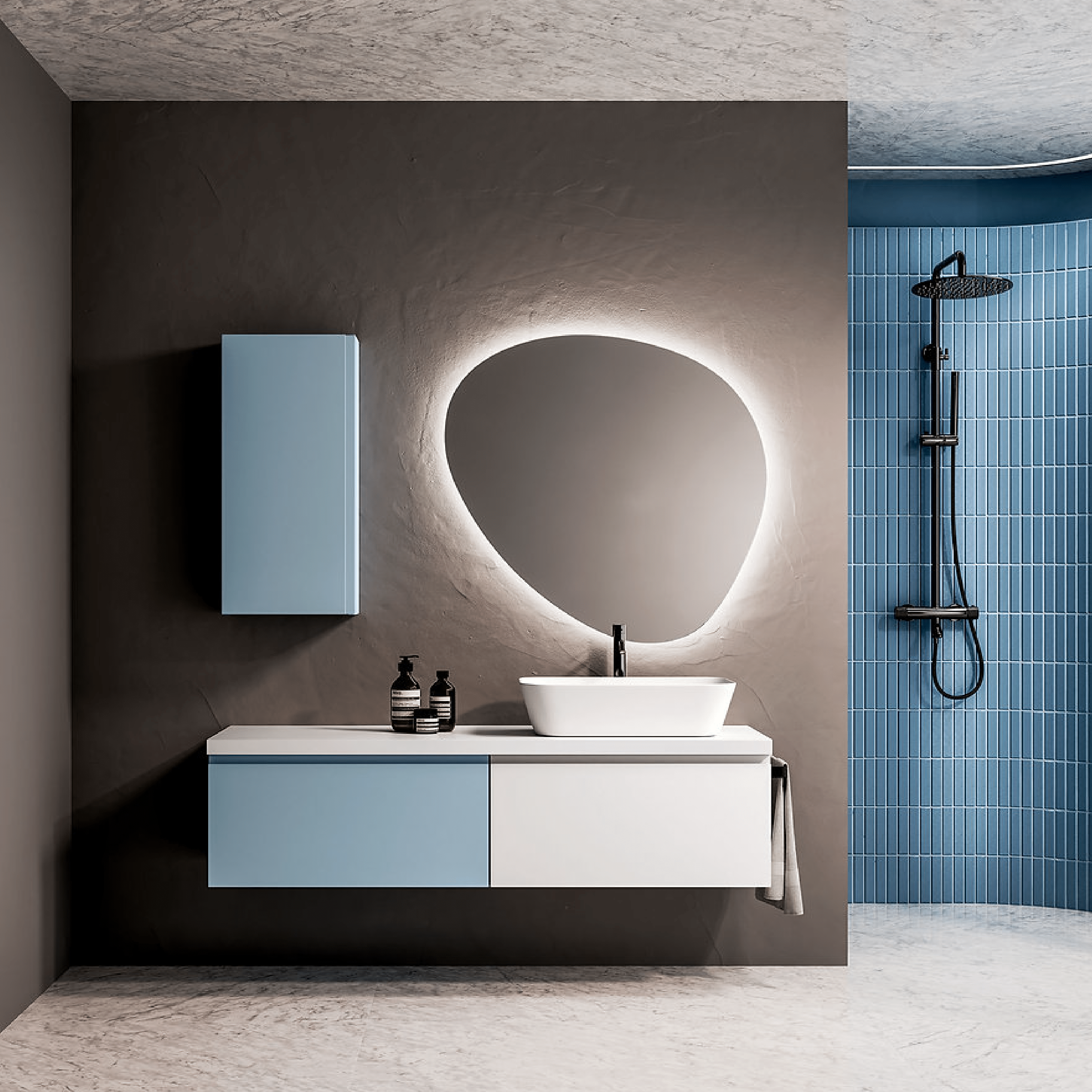 Mobile Bagno Sospeso 140 Cm Un Cassetto Specchio Retroilluminato 87x93 Cm ItalBagno "Kompos 121"