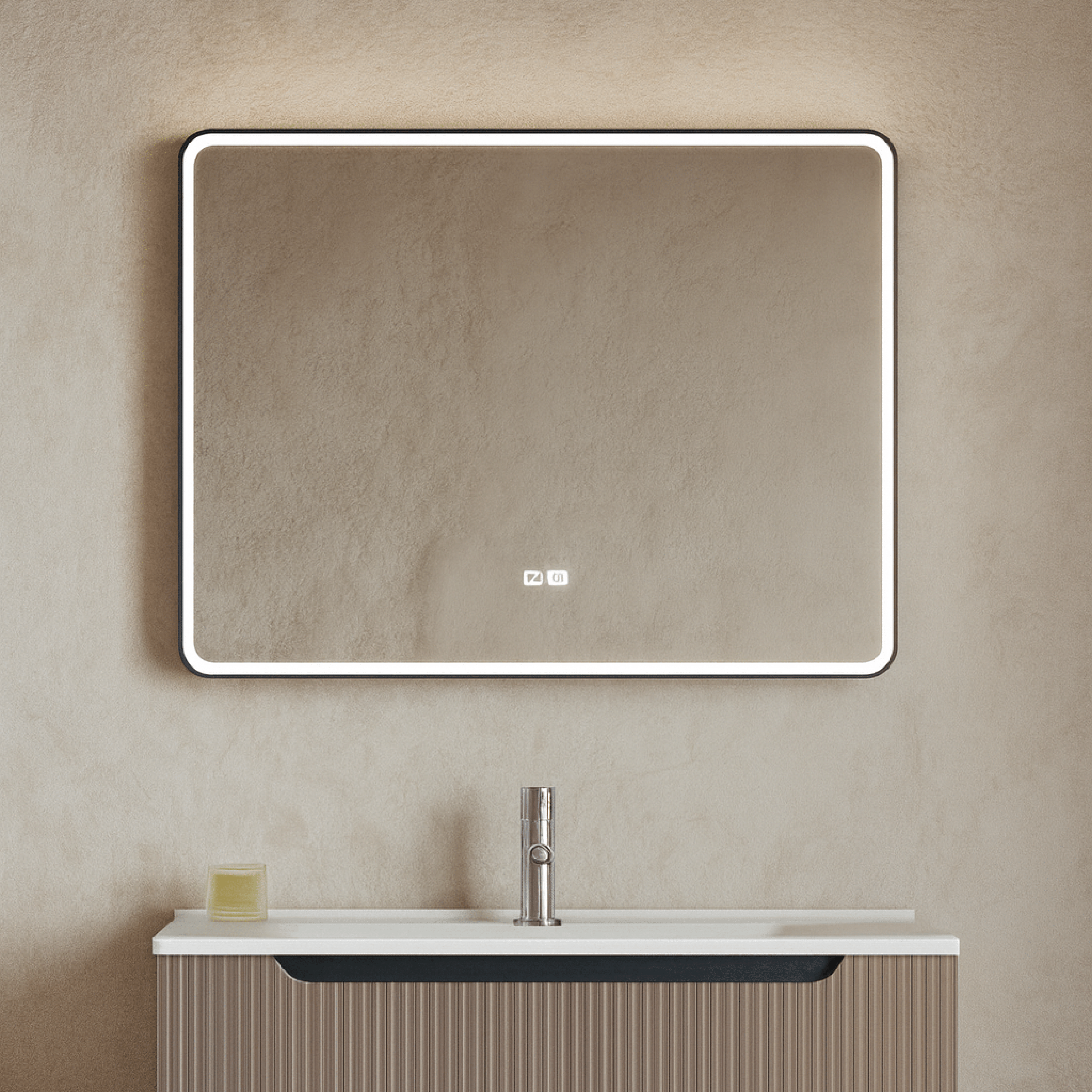 Specchio Rettangolare Retroilluminato 120x75 Con Touch Accensione Bluetooth e Tasto Antifog "Physis" Nero