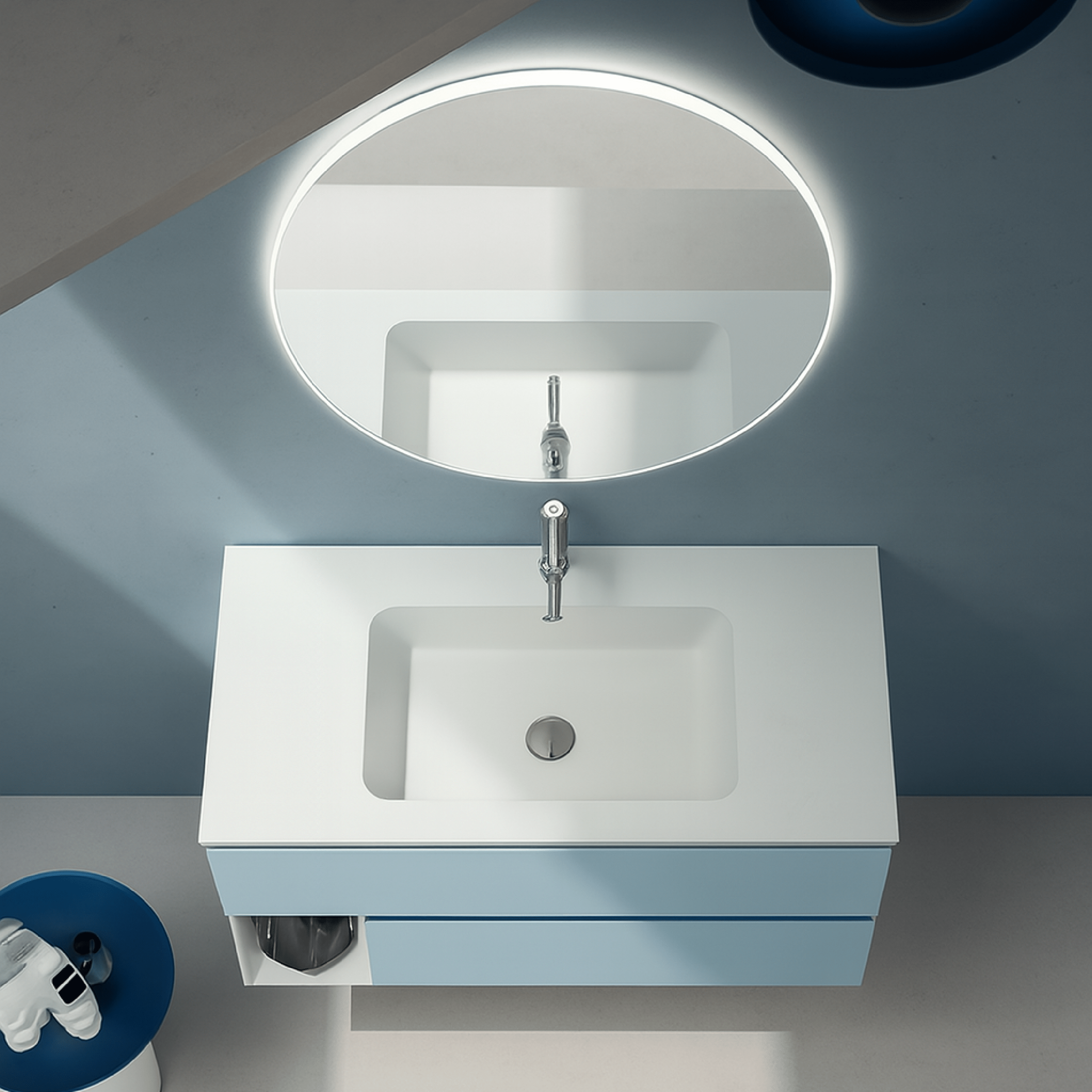 Mobile Bagno Sospeso 100 Cm Due Cassetti Con Vano a Giorno Specchio Retroilluminato Diam.90 Cm ItalBagno "Kompos 122"
