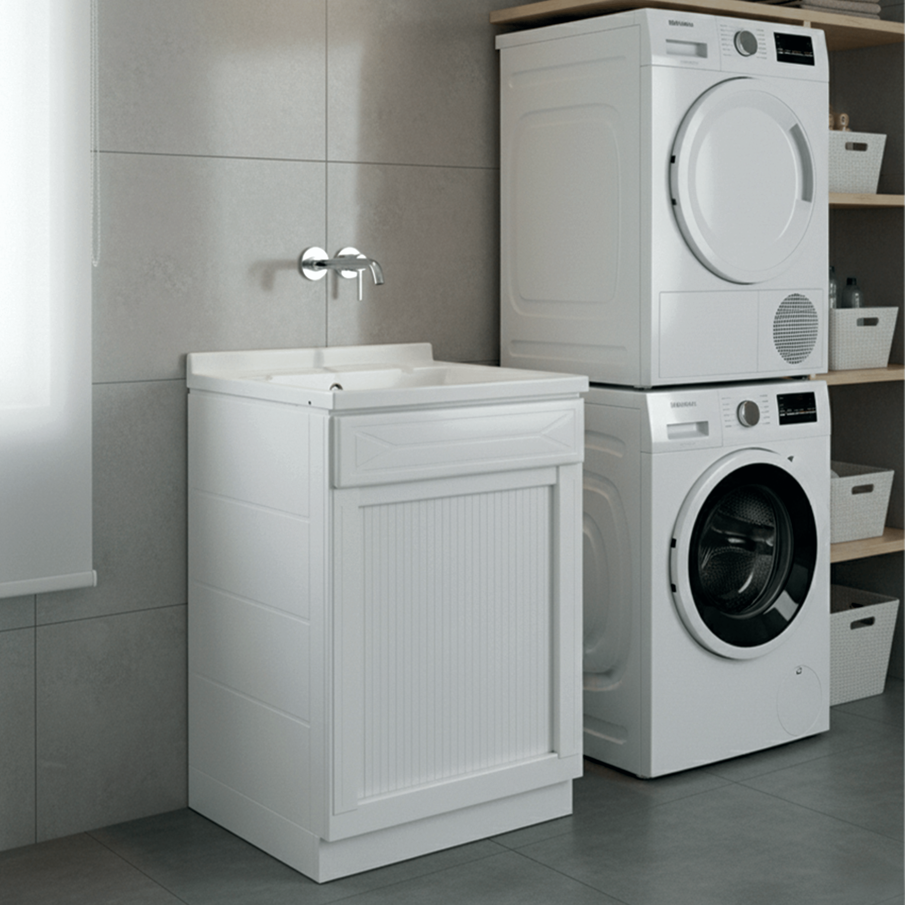 Lavatoio a Terra Per Interno/Esterno 60x60 Un'Anta Apertura Scorrevole Con Vasca Sifone e Tavoletta "Dafne" Bianco