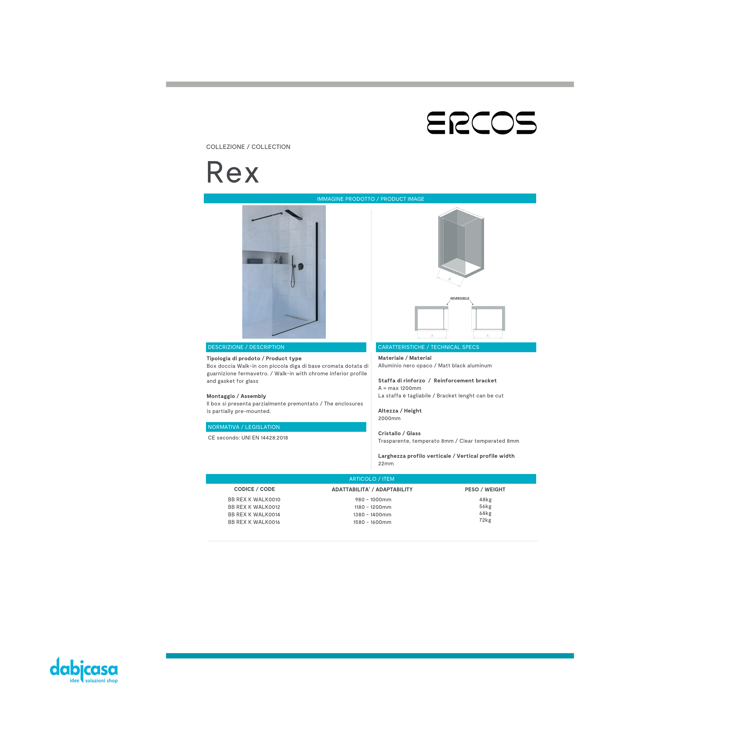 Ponsi Walk-In Da 98-100 cm "Rex" Cristallo Temperato Trasparente Da 8 mm Profili Nero Opaco