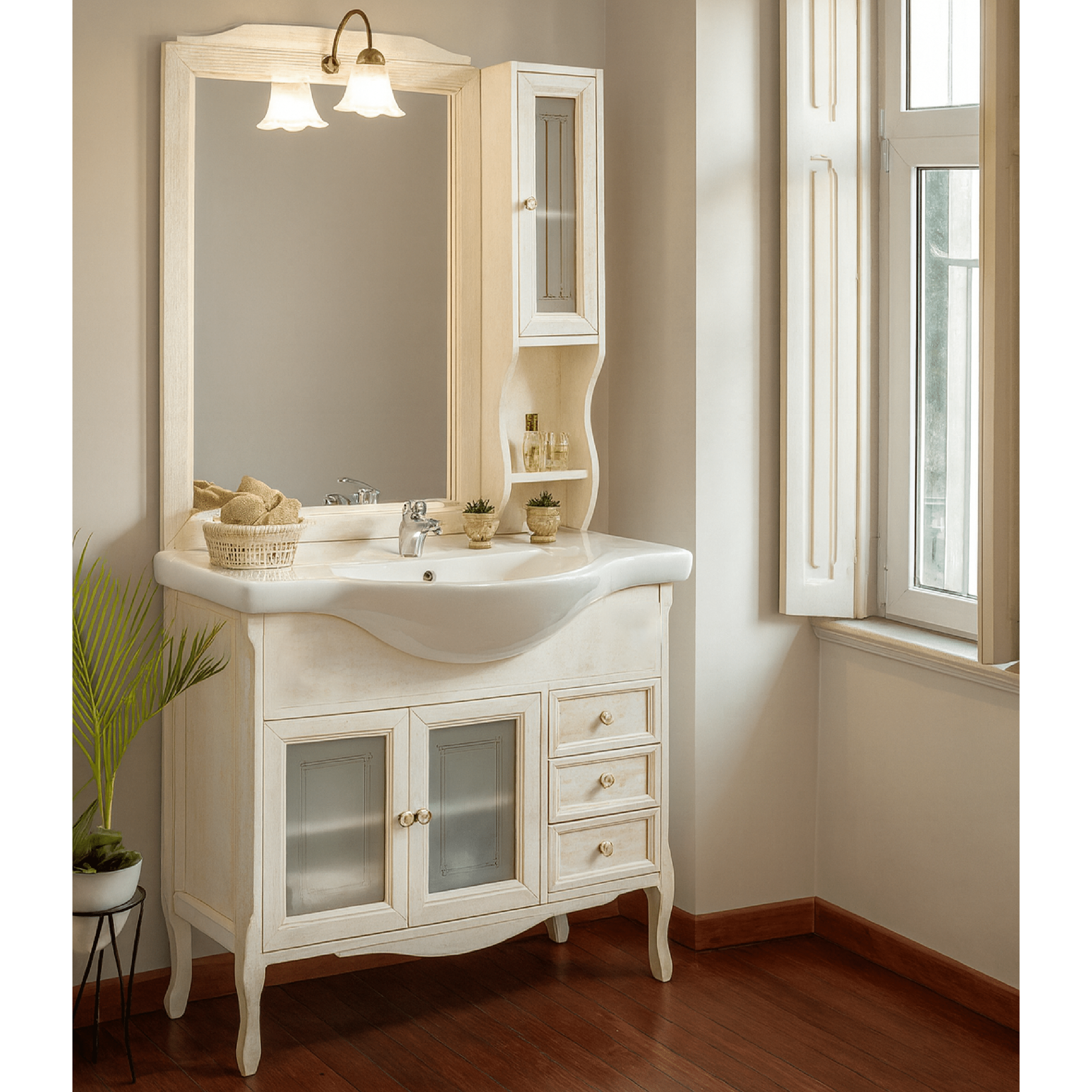 Mobile Bagno a Terra 85 Cm Due Ante Tre Cassettini Specchio Con Lampada Led 60x100 Cm Esseci Arredo Bagno "Daiana"