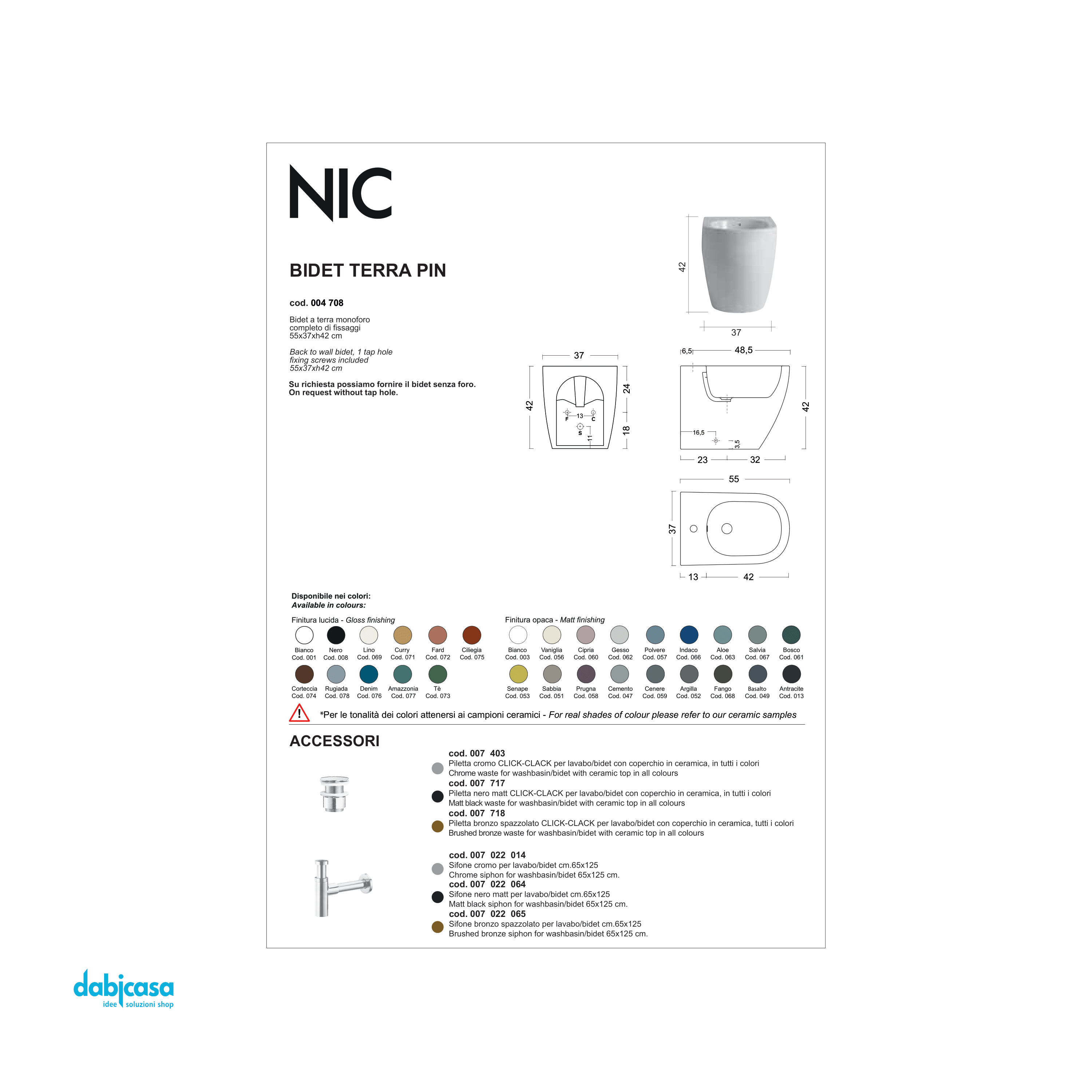 Nic Design "Pin" Bidet Da Terra Filo Muro Mono foro Bianco Lucido