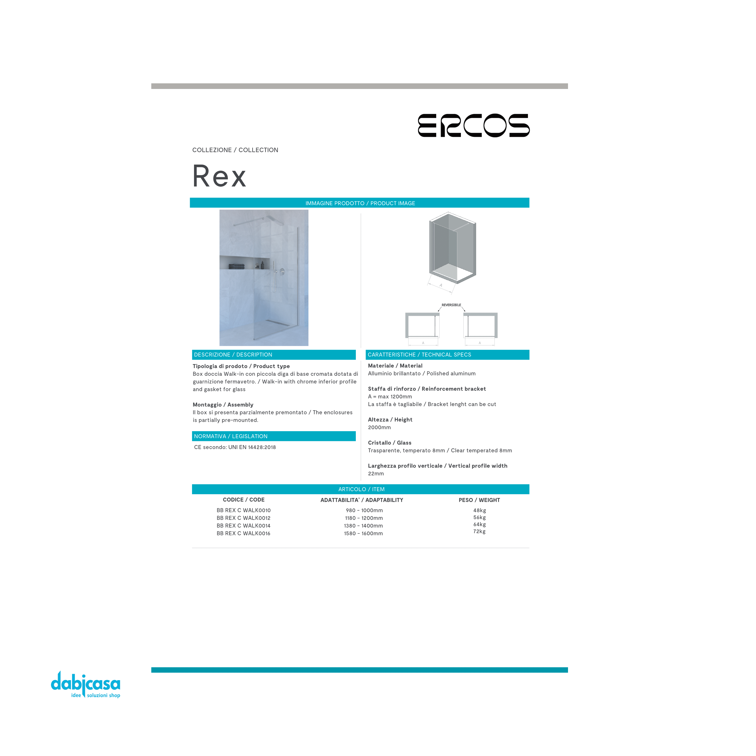 Ponsi Walk-In Da 118-120 cm "Rex" Cristallo Temperato Trasparente Da 8 mm Profili Cromo Lucido