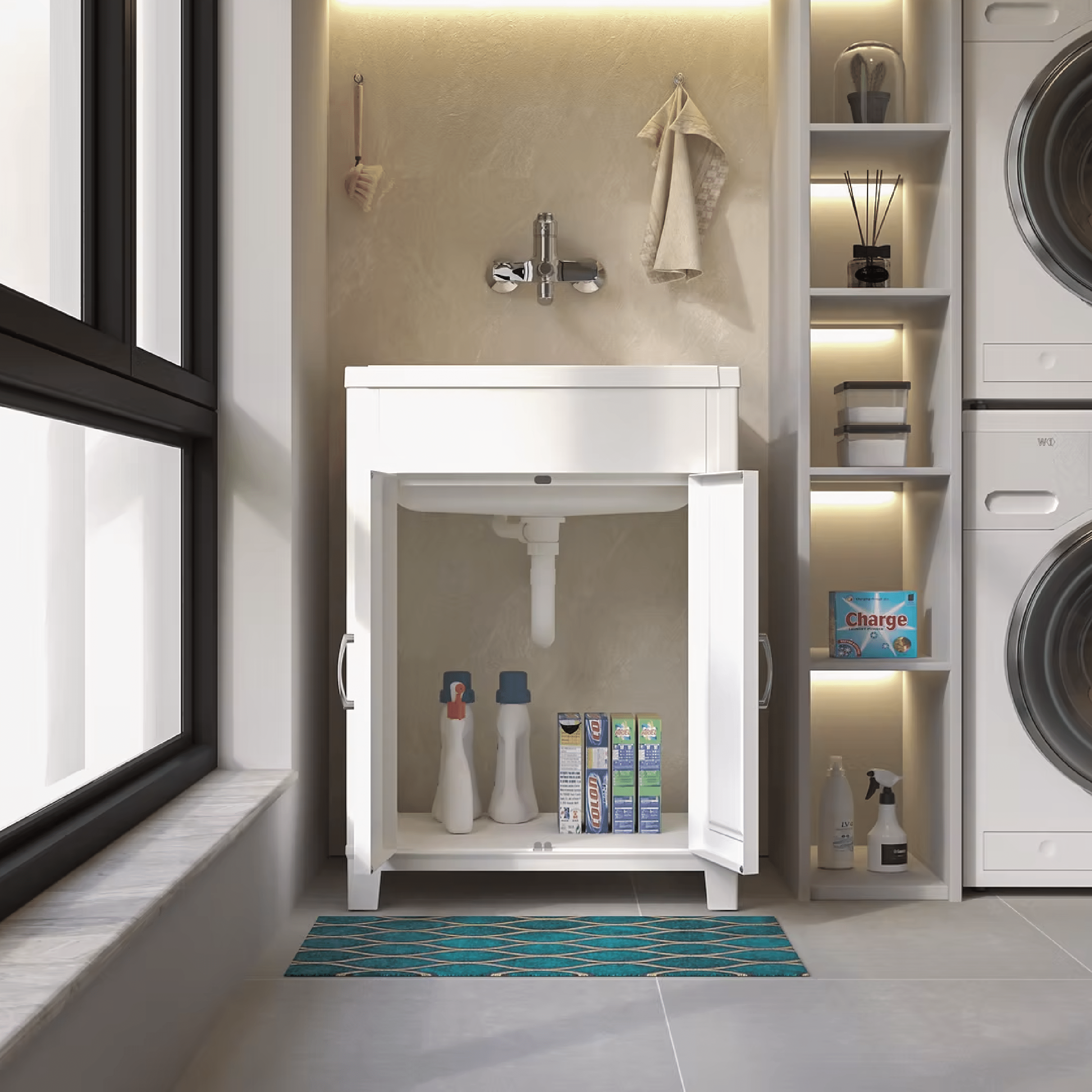 Lavatoio a Terra 60x50 Cm Due Ante Con Vasca Sifone e Tavoletta In PP Mongardi Bianco