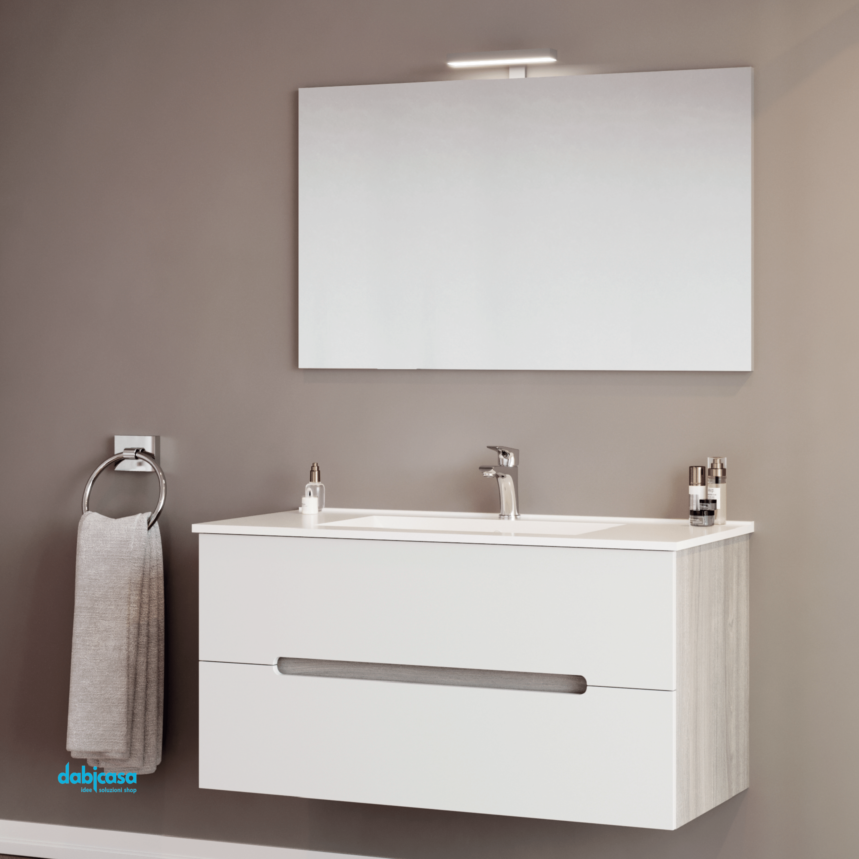 Mobile Bagno Sospeso "New Stream" Da 100 Cm Composto Da Due Cassetti Finitura Rovere Grigio/Bianco Opaco