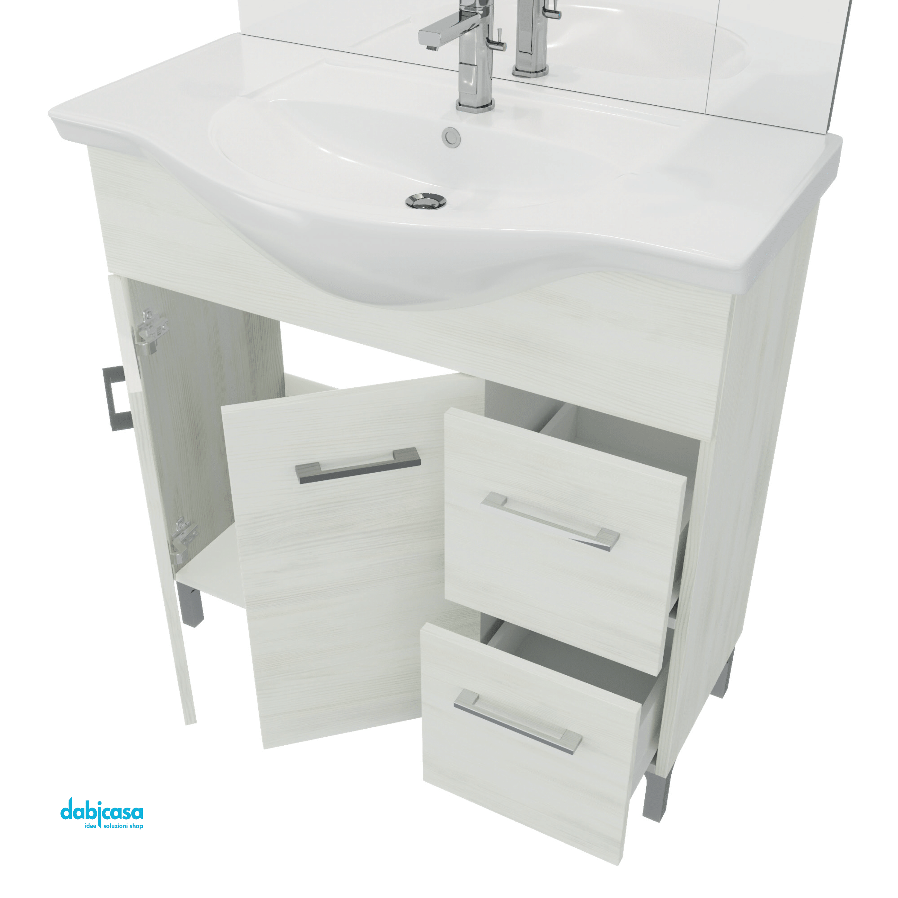 Mobile Bagno A Terra "Rubino" Da 85 Cm Composto Da Due Ante E Due Cassetti Lavabo E Specchio Con Pensile Finitura Rovere Bianco