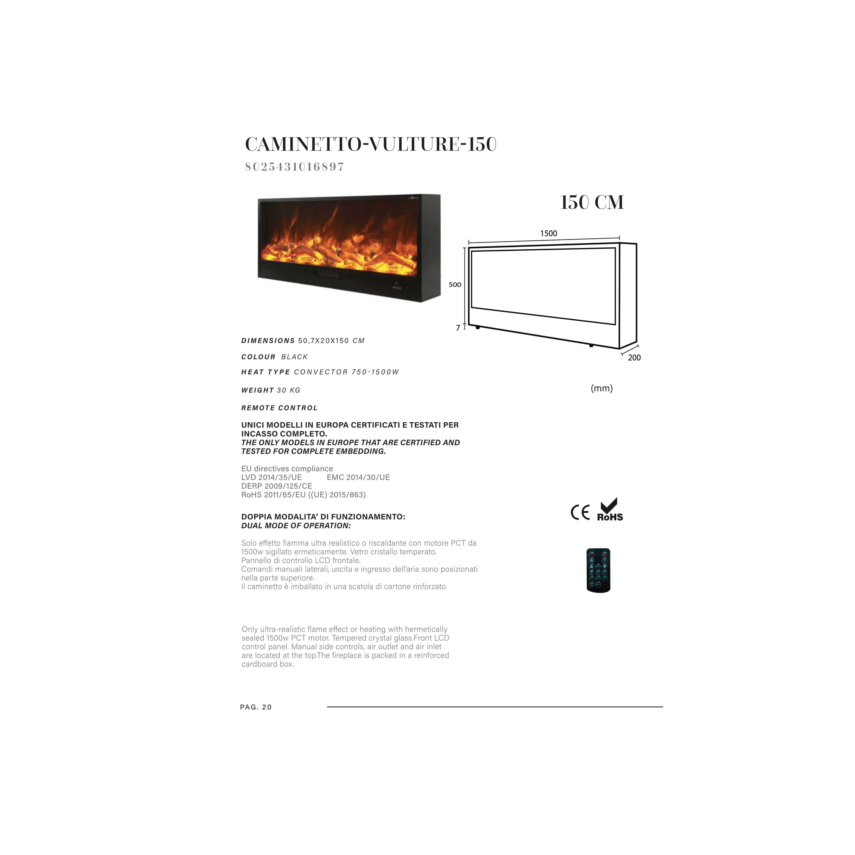 Camino Elettrico Ad Incasso/D'Appoggio Da 150 Cm Sined "Vulture" Nero