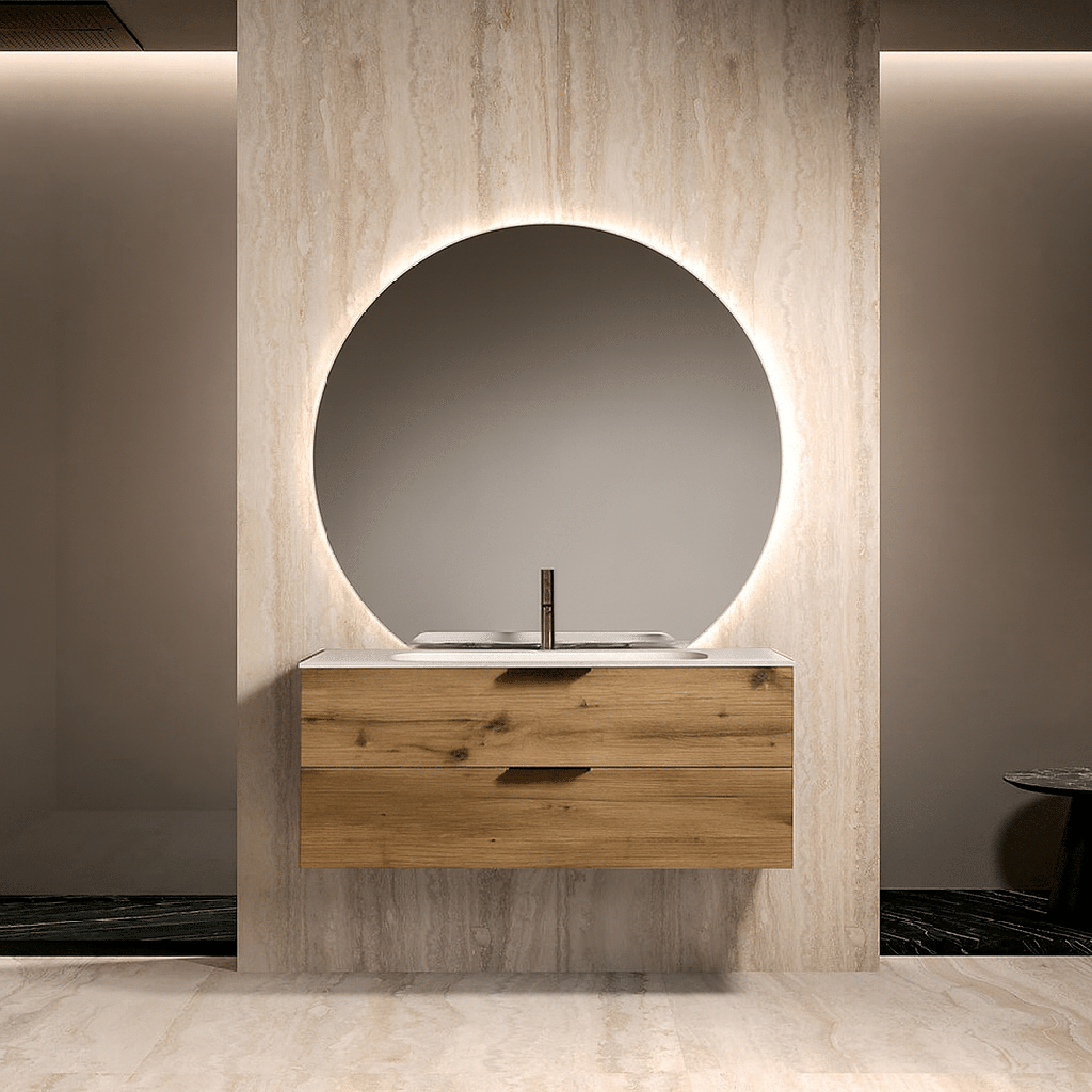 Mobile Bagno Sospeso 120 Cm Due Cassetti Specchio Retroilluminato 125x115 Cm ItalBagno "Venus 101" Quercia