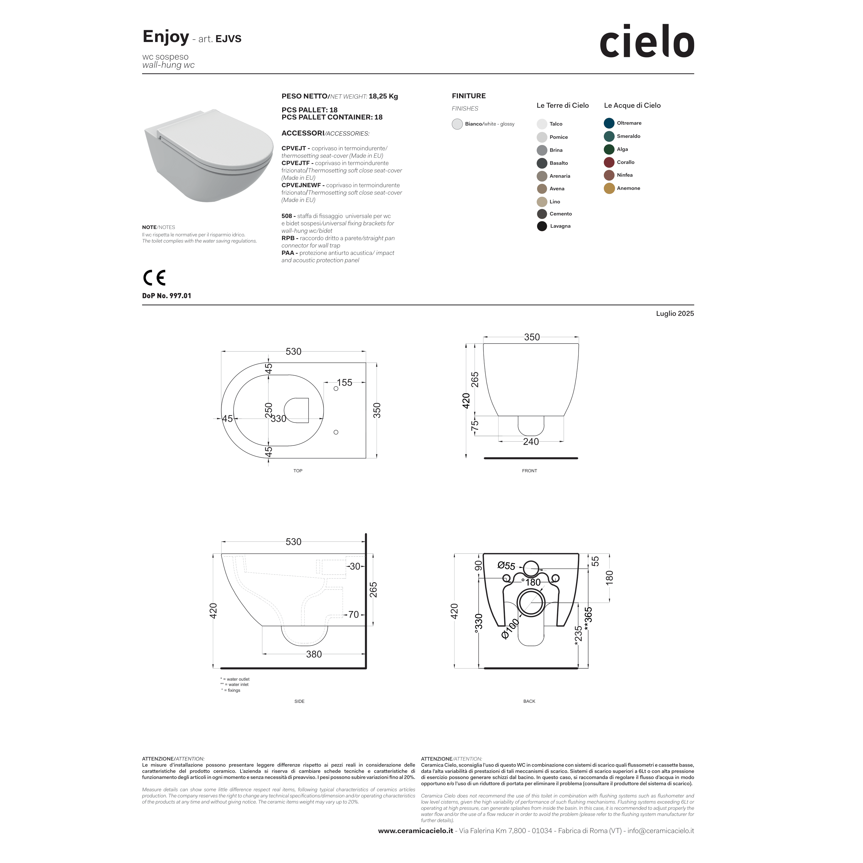 Wc Sospeso Ceramica Cielo "Enjoy 53" Bianco Lucido
