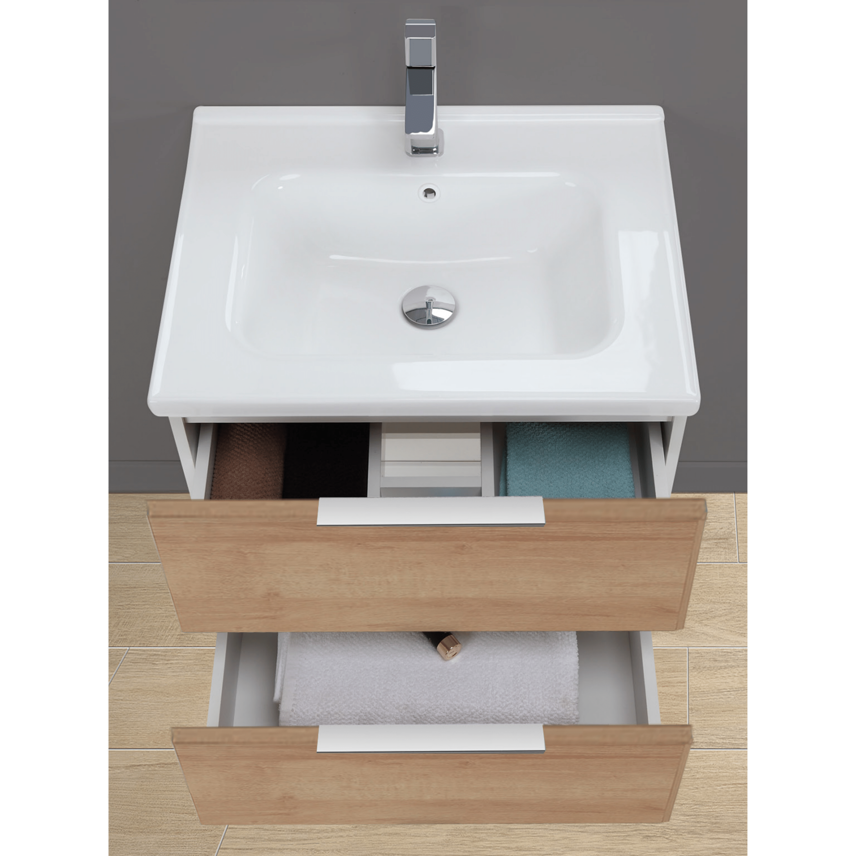 Mobile Bagno Sospeso 60 Cm Due Cassetti Specchio a Filo 60x80 Cm Feridras "Rialto" Rovere
