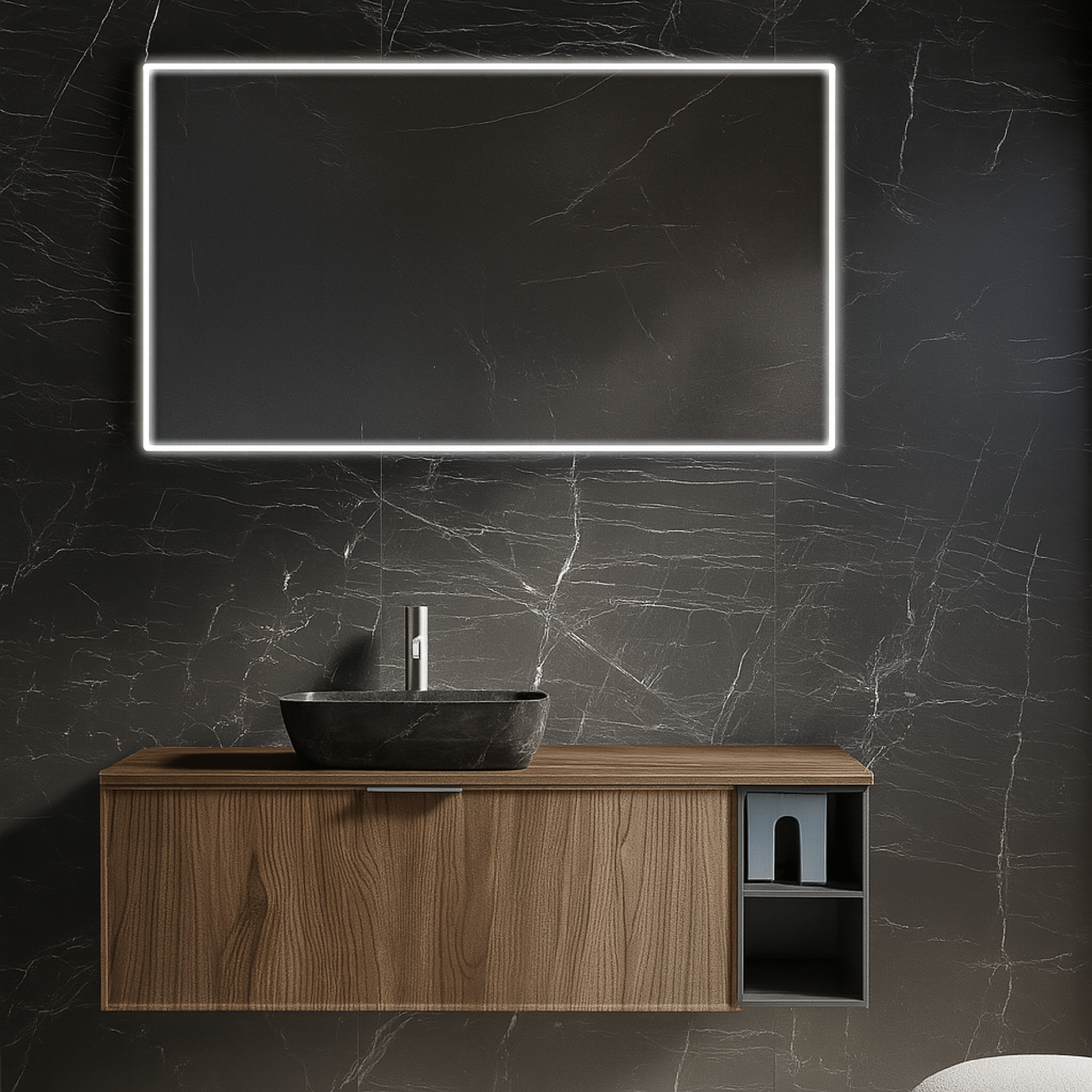 Mobile Bagno Sospeso 120 Cm Un Cassetto Con Vano a Giorno Specchio Con Led Frontale 70x120 Cm ItalBagno "Venus VE58"