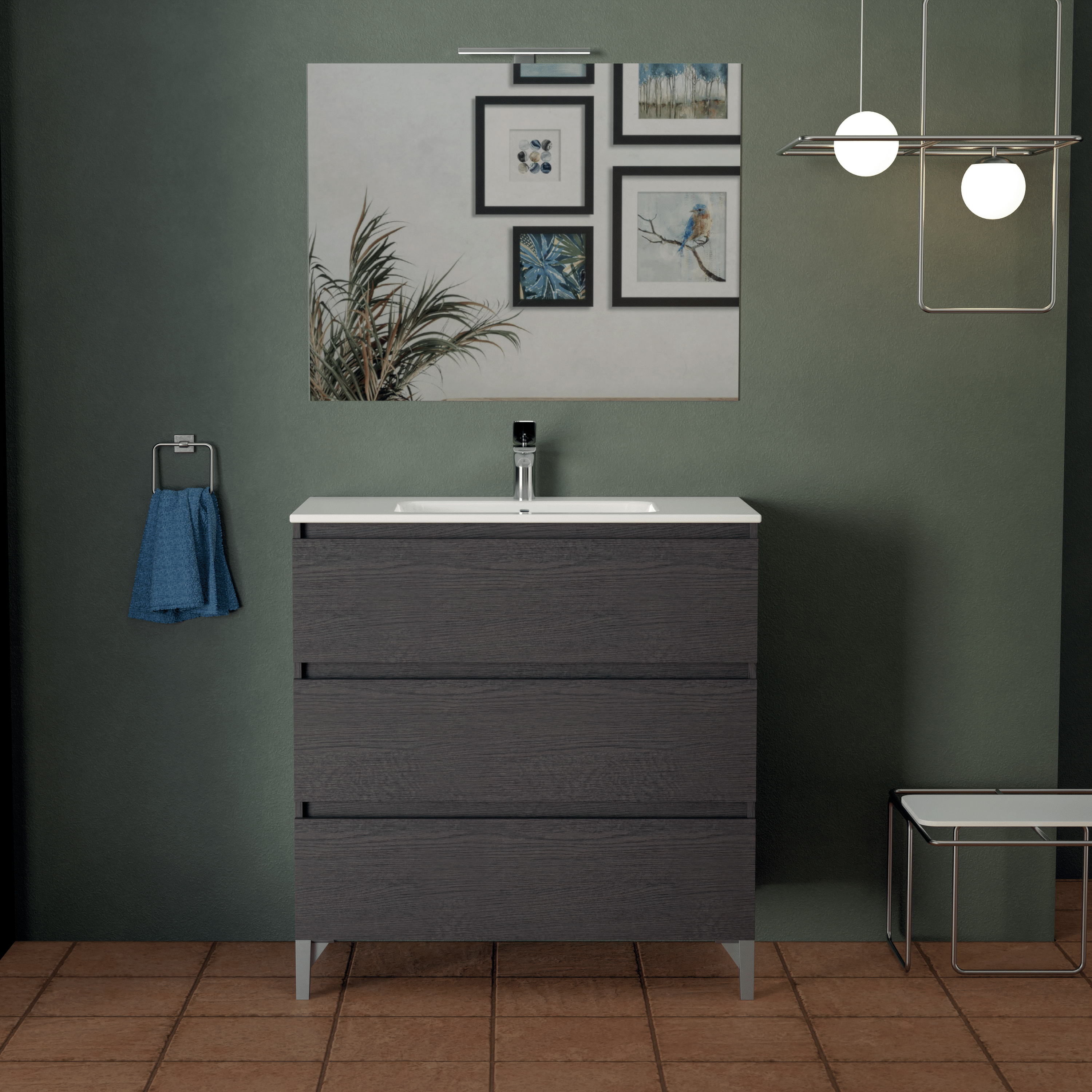 Mobile Bagno a Terra 80 Cm Tre Cassetti Specchio Con Lampada Led 80x60 Cm Esseci Arredo Bagno "Alexa 80 Gola"