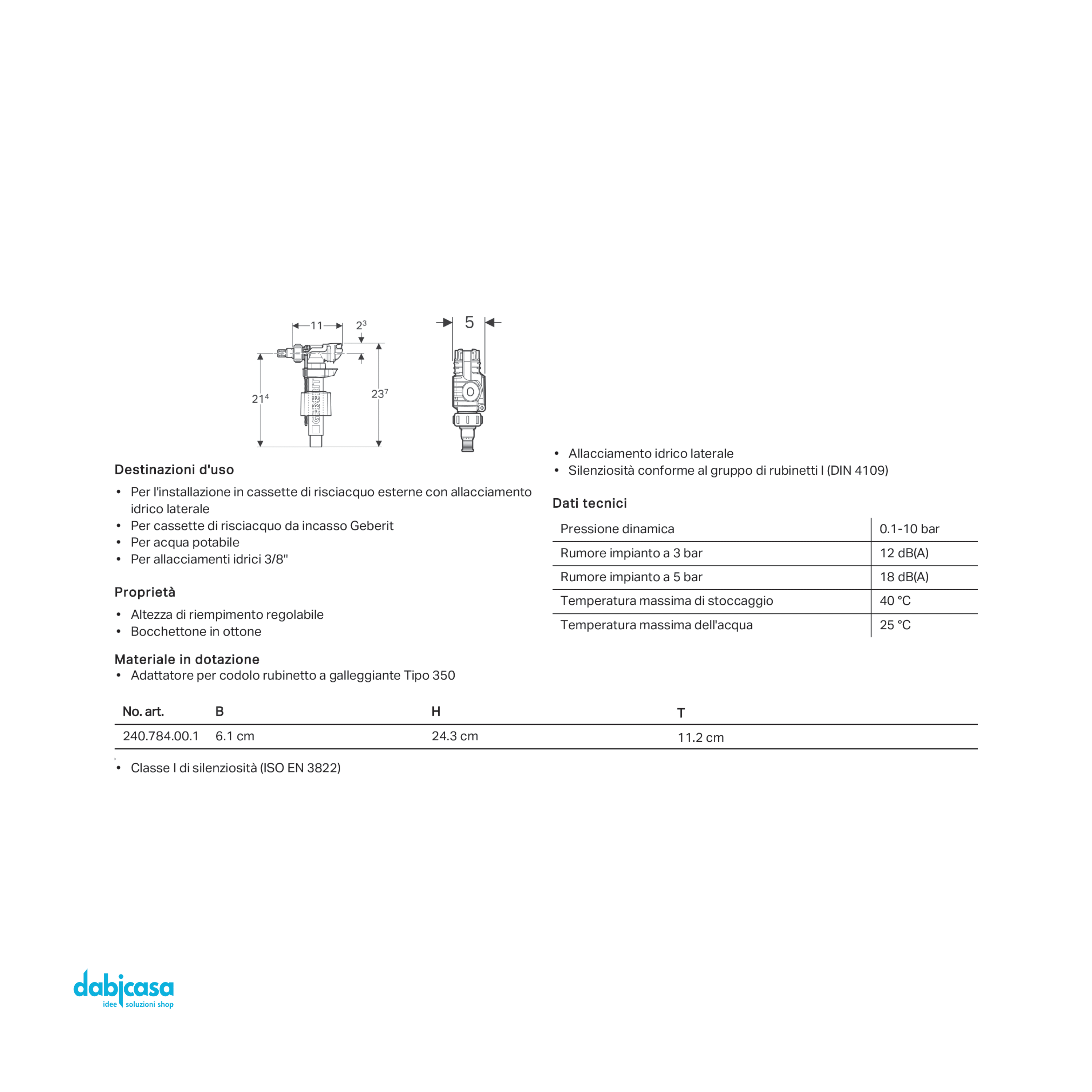 Geberit "Tipo 380" Rubinetto Galleggiante C/Allacciamento Idrico Laterale 3/8" Codolo In Ottone