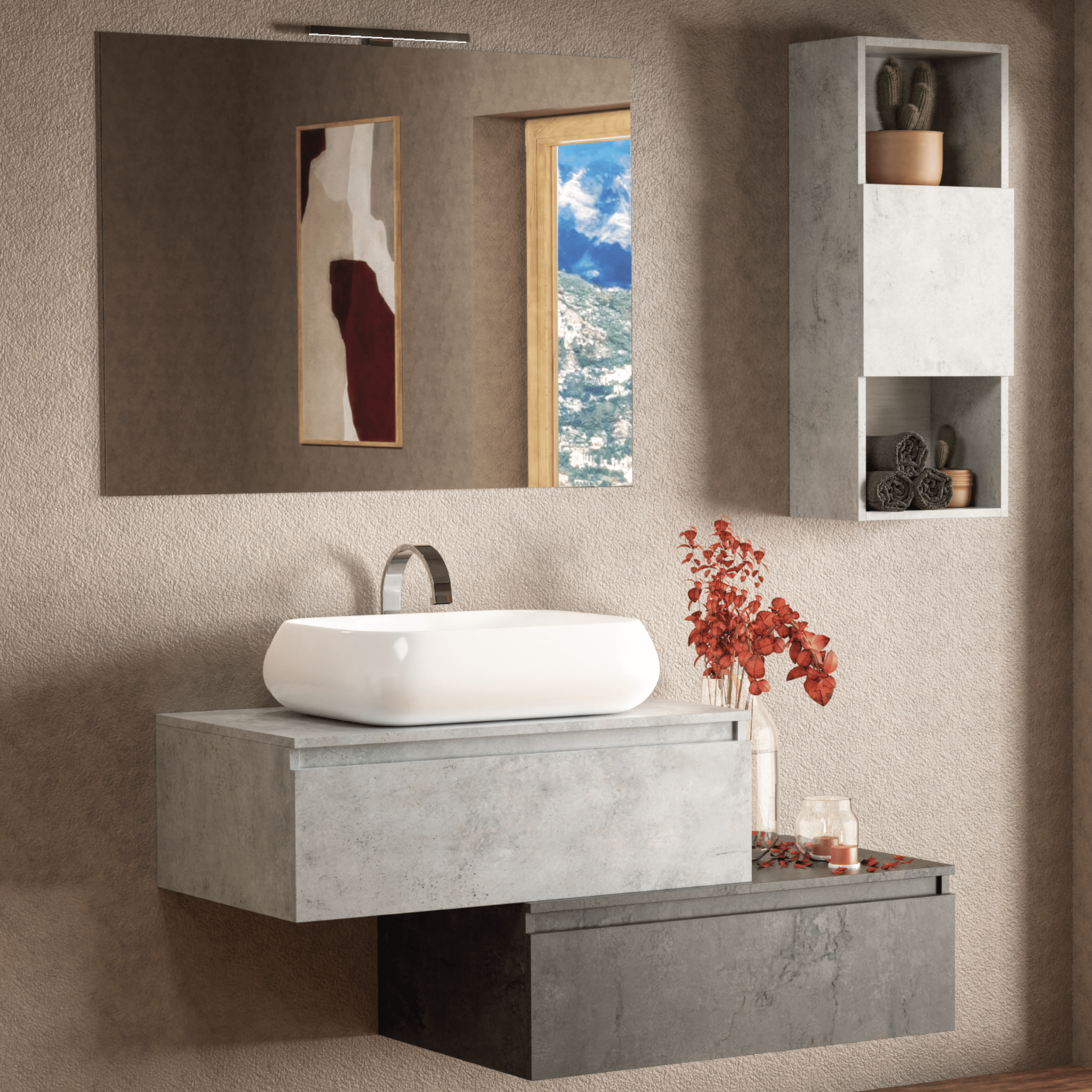 Mobile Bagno Sospeso Sfalsato 90 Cm Due Cassetti Specchio Con Lampada Led 90x70 Cm Esseci Arredo Bagno "Sorrento Piano"