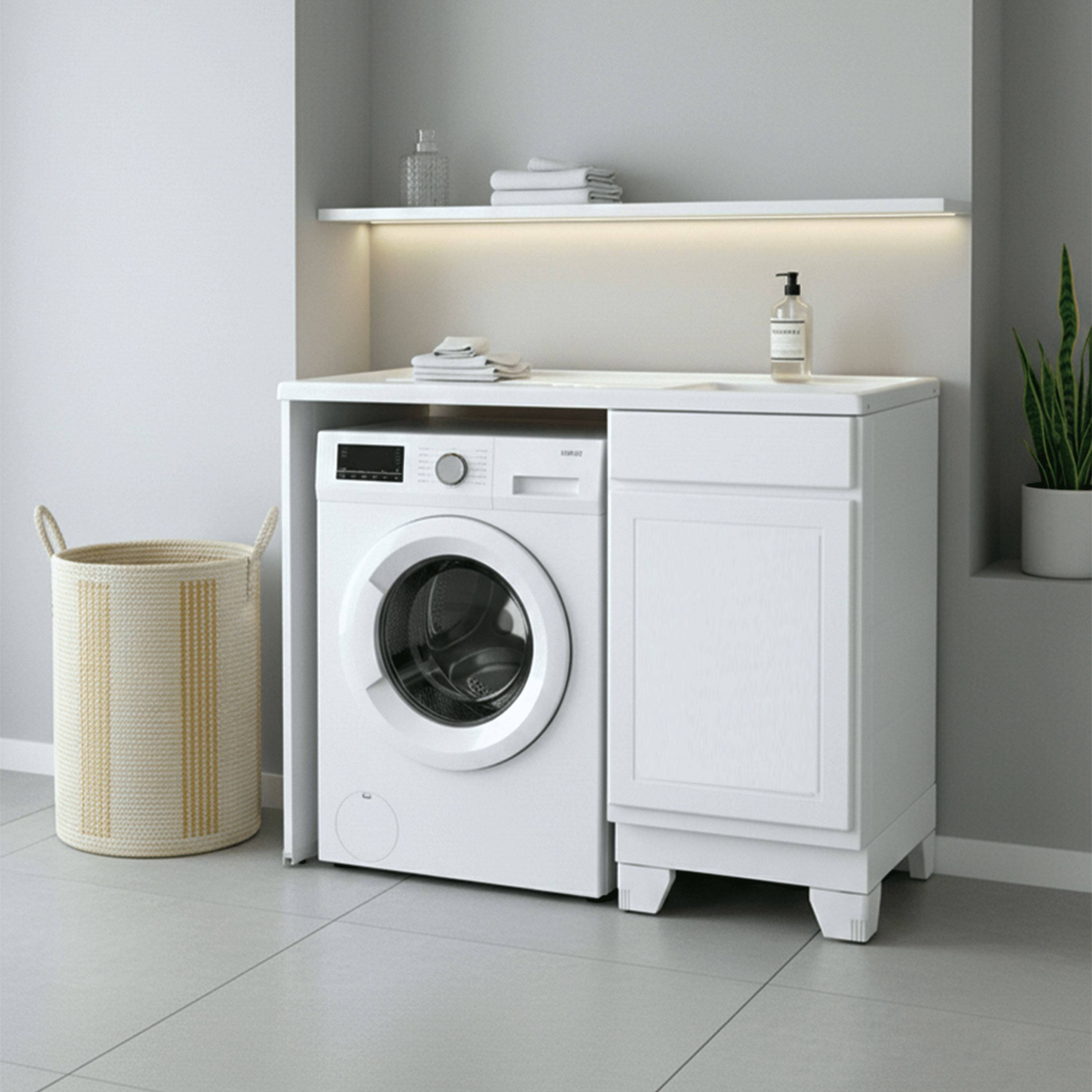 Mobile Per Lavatrice 109x60 Cm Un'Anta Con Vasca e Tavoletta In Polipropilene Vano a Sinistra "Selene" Bianco