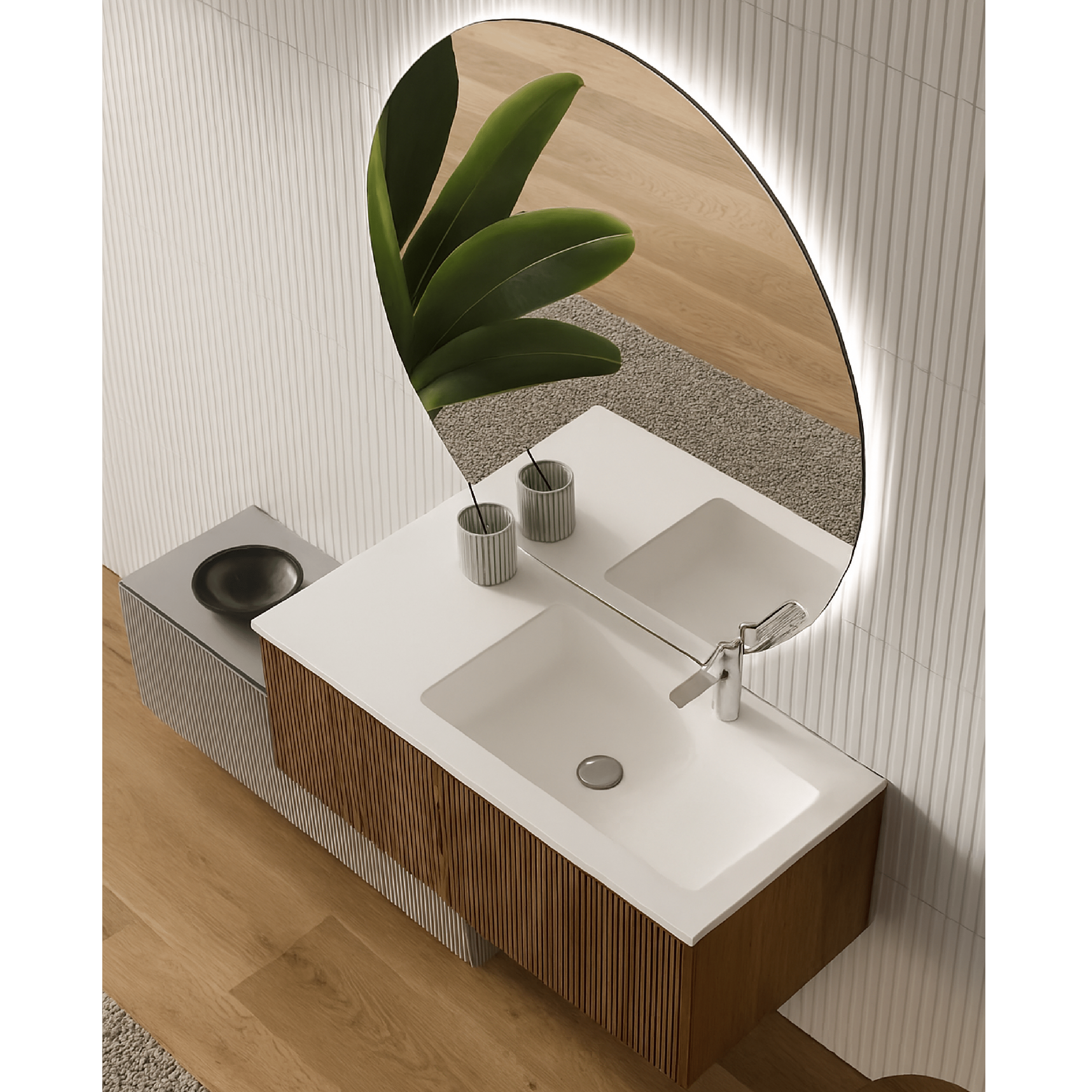 Mobile Bagno Sospeso Cannettato Sfalsato 120 Cm Due Cassetti Specchio Retroilluminato 125x115 Cm ItalBagno "Victor"