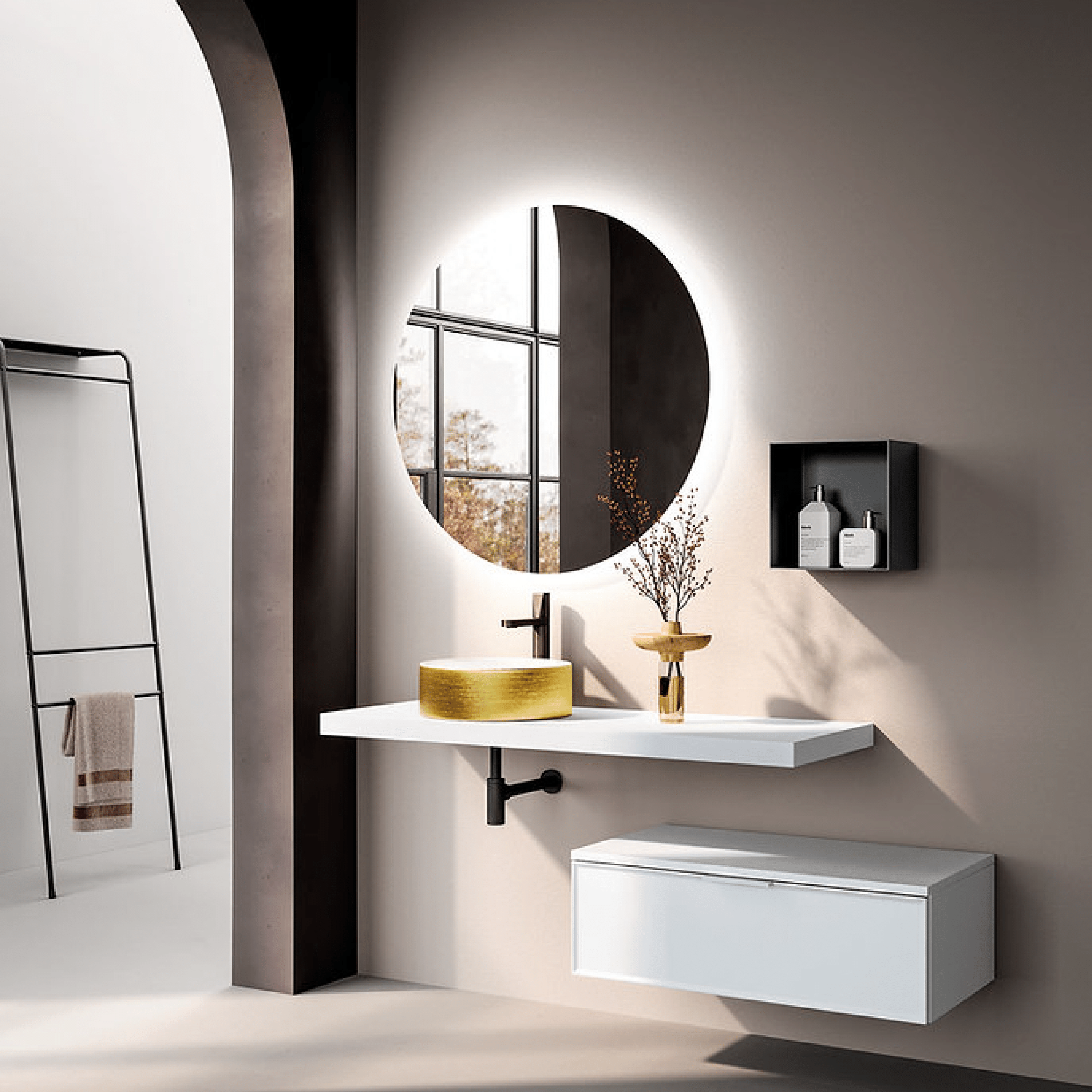 Mobile Bagno Sospeso 80 Cm Un Cassetto Top 140 Cm Specchio Retroilluminato Diam.90 Cm ItalBagno "Venus 102" Bianco