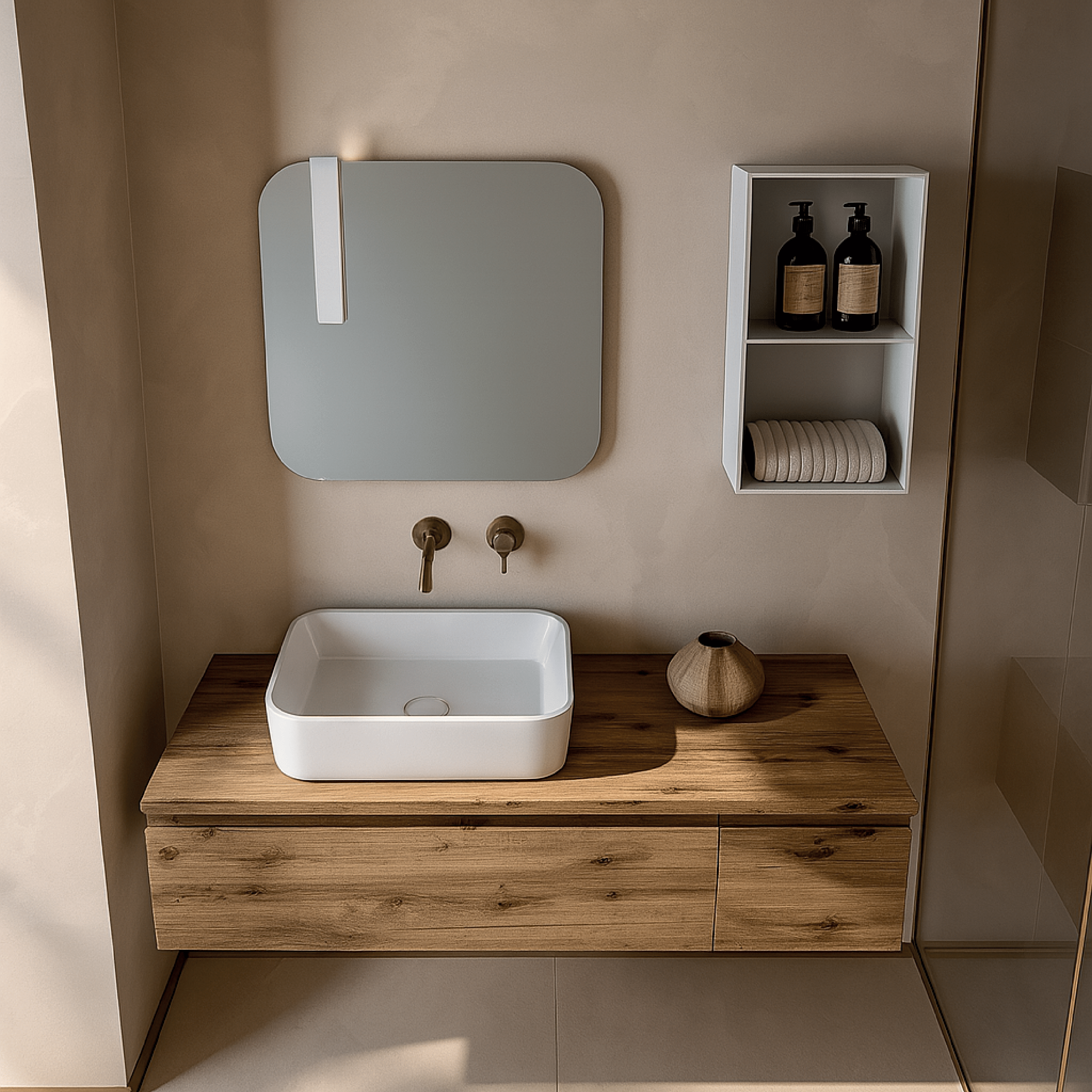 Mobile Bagno Sospeso 120 Cm Un Cassetto Con Anta Specchio Con Lampada Led 60x60 Cm ItalBagno "Kompos 125"