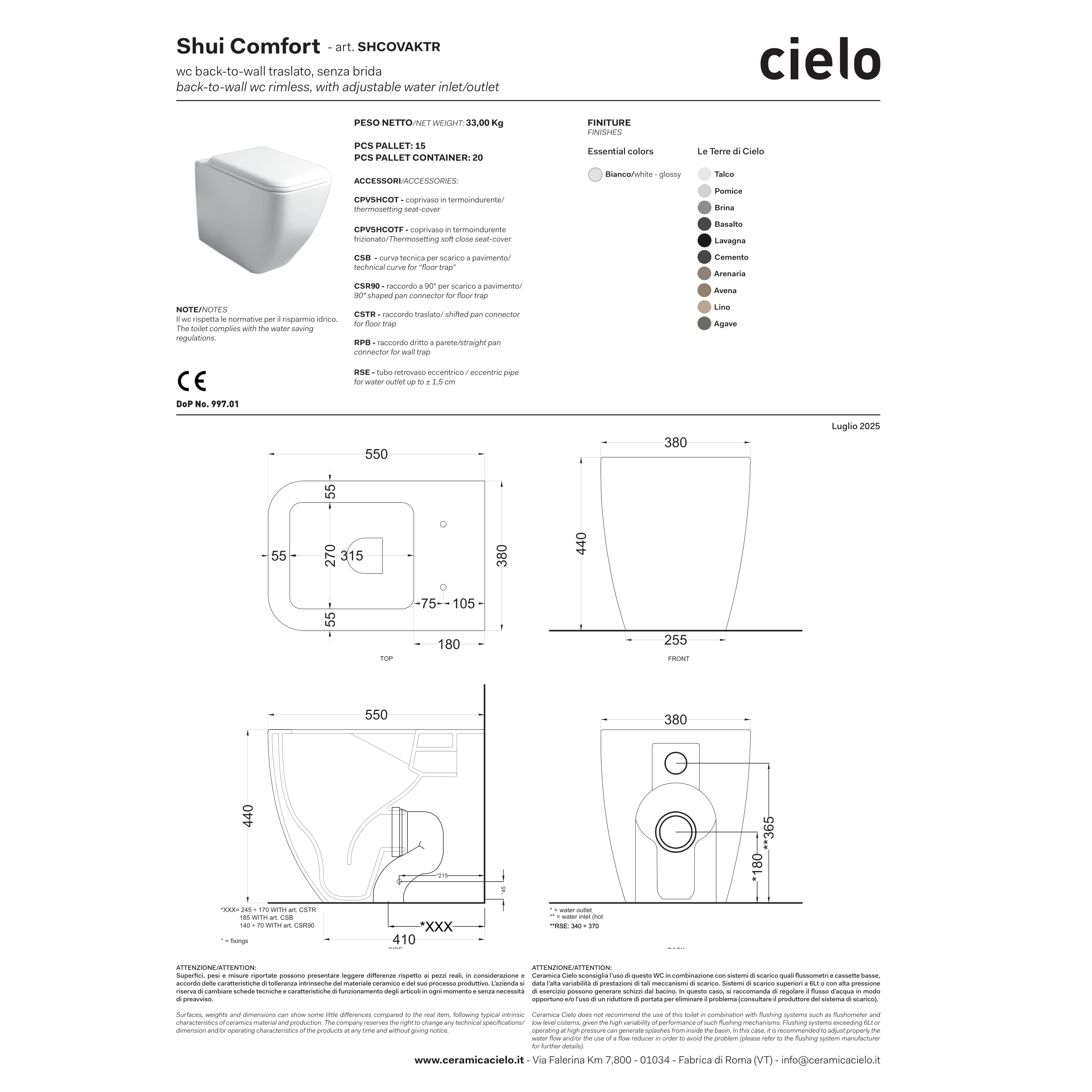 Wc a Terra Senza Brida Ceramica Cielo "Shui Comfort" Bianco Lucido