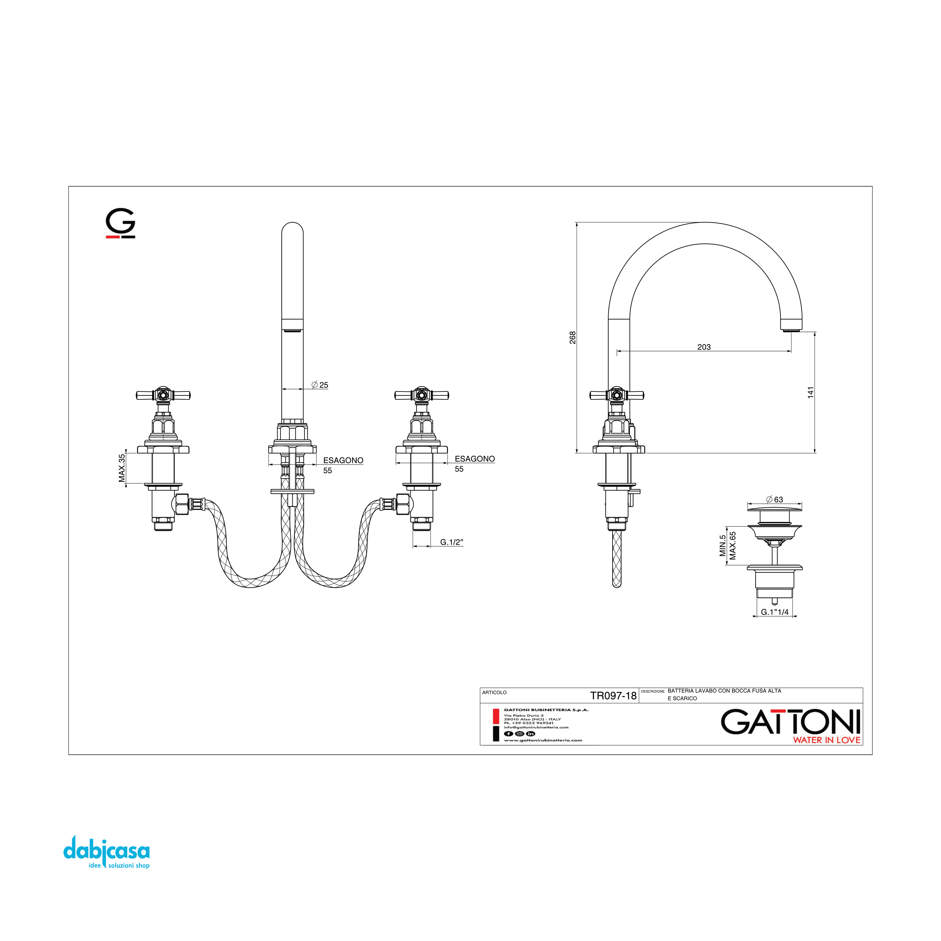 Gattoni Rubinetteria "TRD" Miscelatore Lavabo a Tre Fori In Ottone Finitura Cromo Lucido