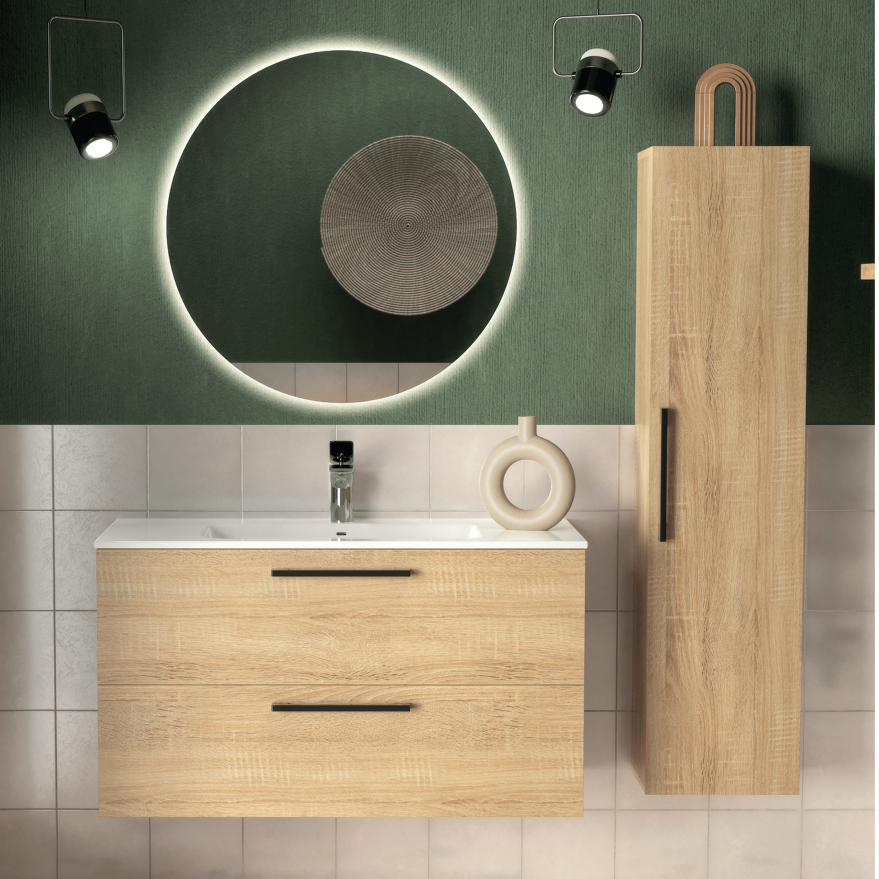 Mobile Bagno Sospeso Due Cassetti Specchio Retroilluminato Tondo 80 Cm Esseci Arredo Bagno "Simona"