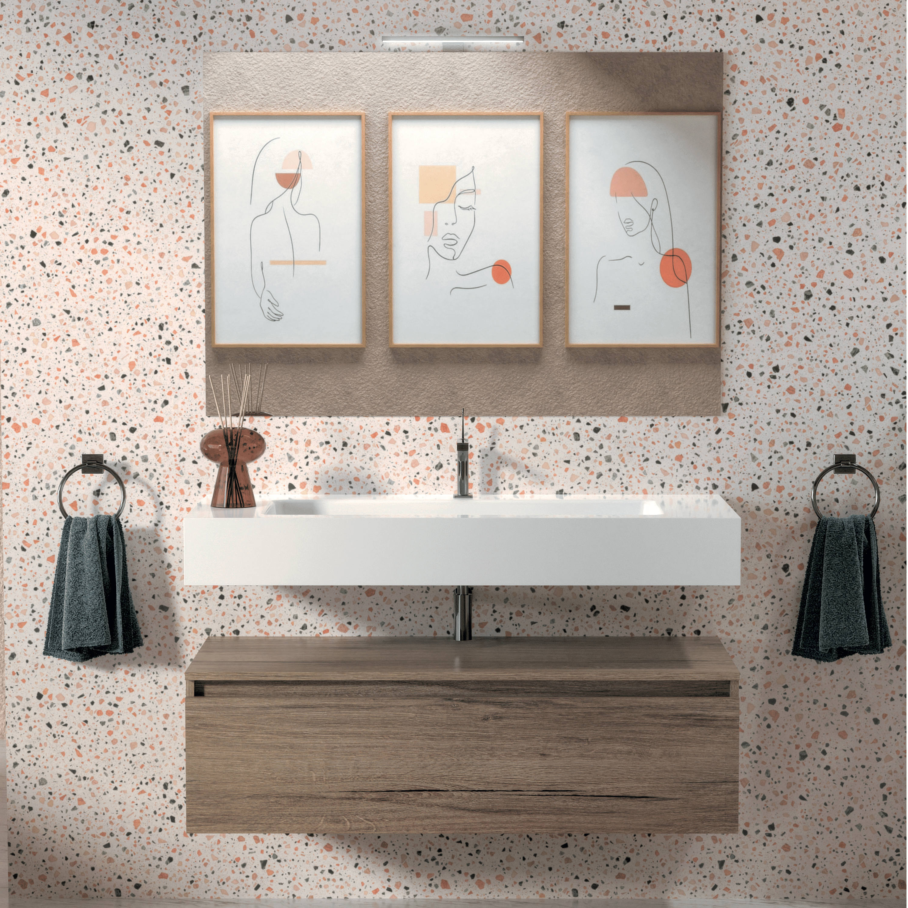 Mobile Bagno Sospeso 120 Cm Un Cassetto Specchio Con Lampada Led 100x70 Cm Esseci Arredo Bagno "Alba"
