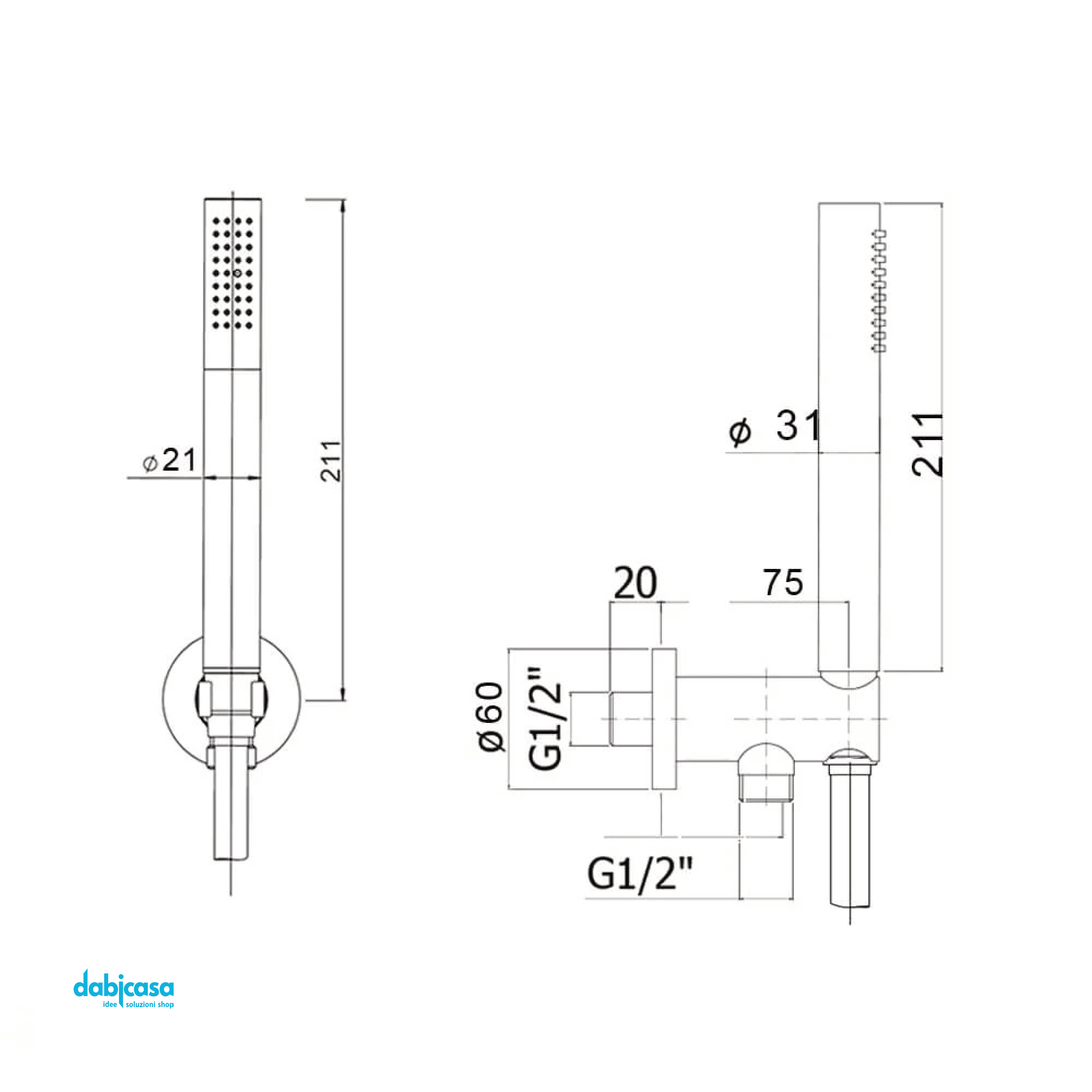 Rubinetteria Jacuzzi "Kit Doccia" Kit Doccetta a Parete Tonda Completo Di Flessibile Di Collegamento In Ottone Finitura Cromo Lucido