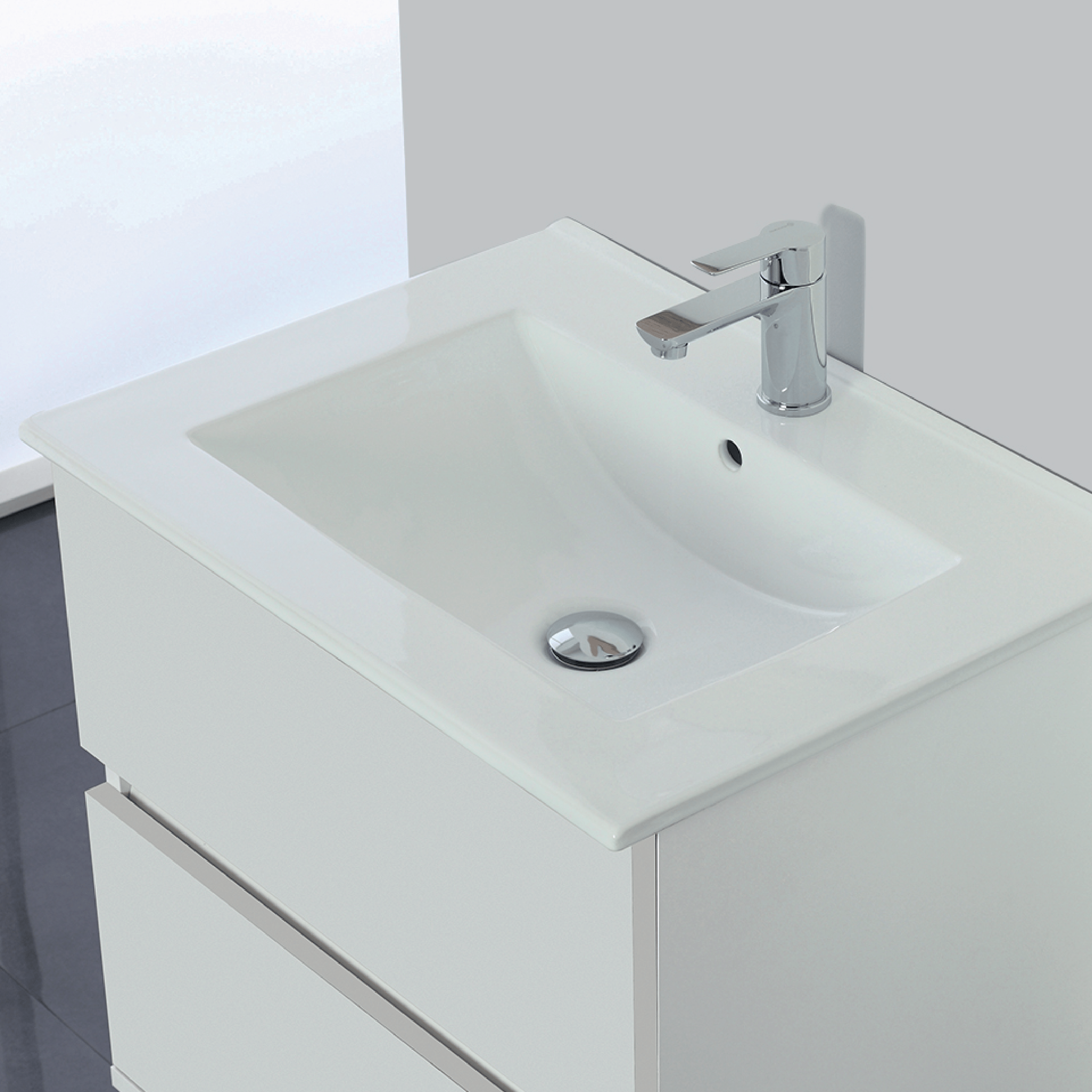 Mobile Bagno Sospeso 60 Cm Due Cassetti Specchio Feridras "Fabula" Bianco Lucido/Bianco Laccato