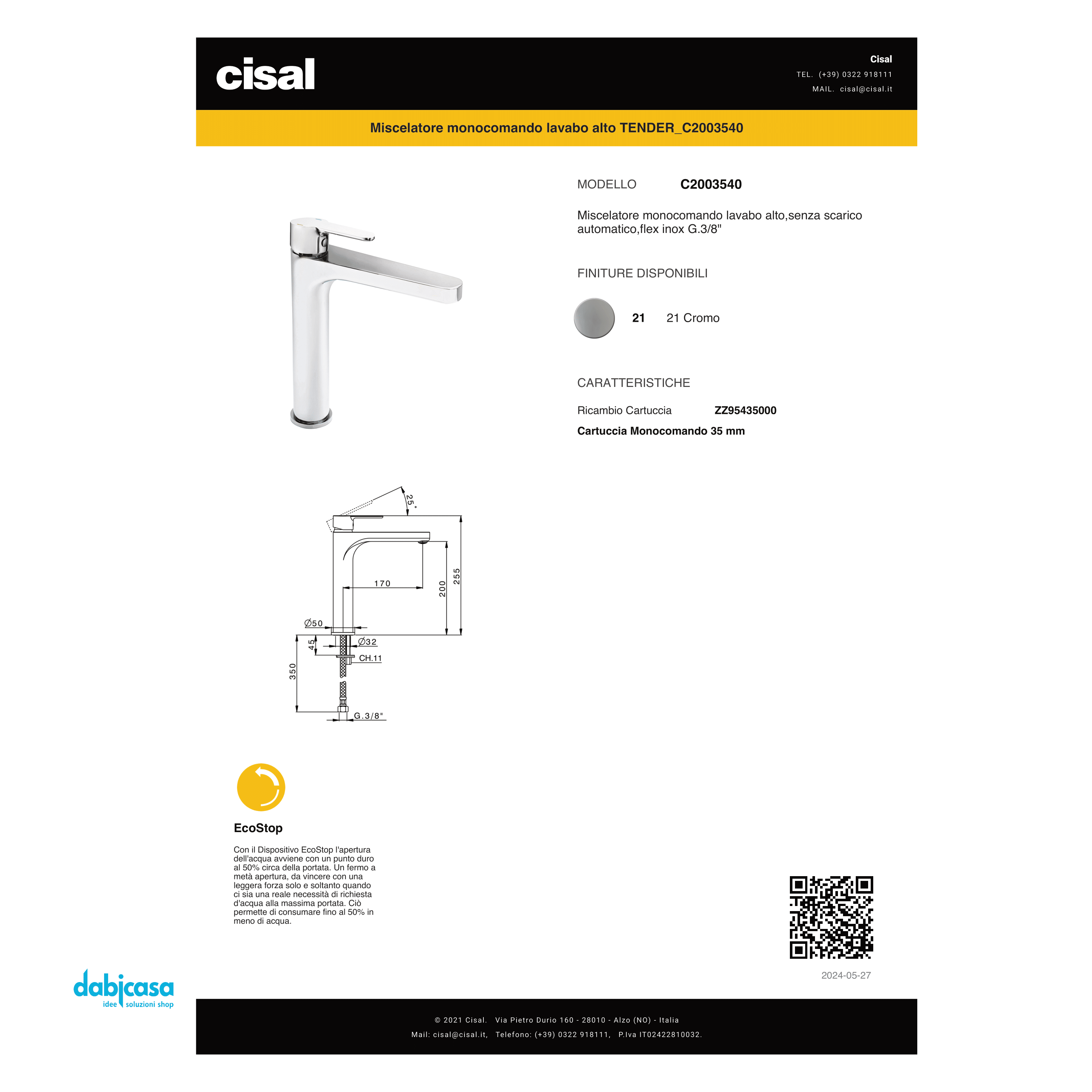 Cisal "Tender" Miscelatore Lavabo Alto Senza Scarico Automatico