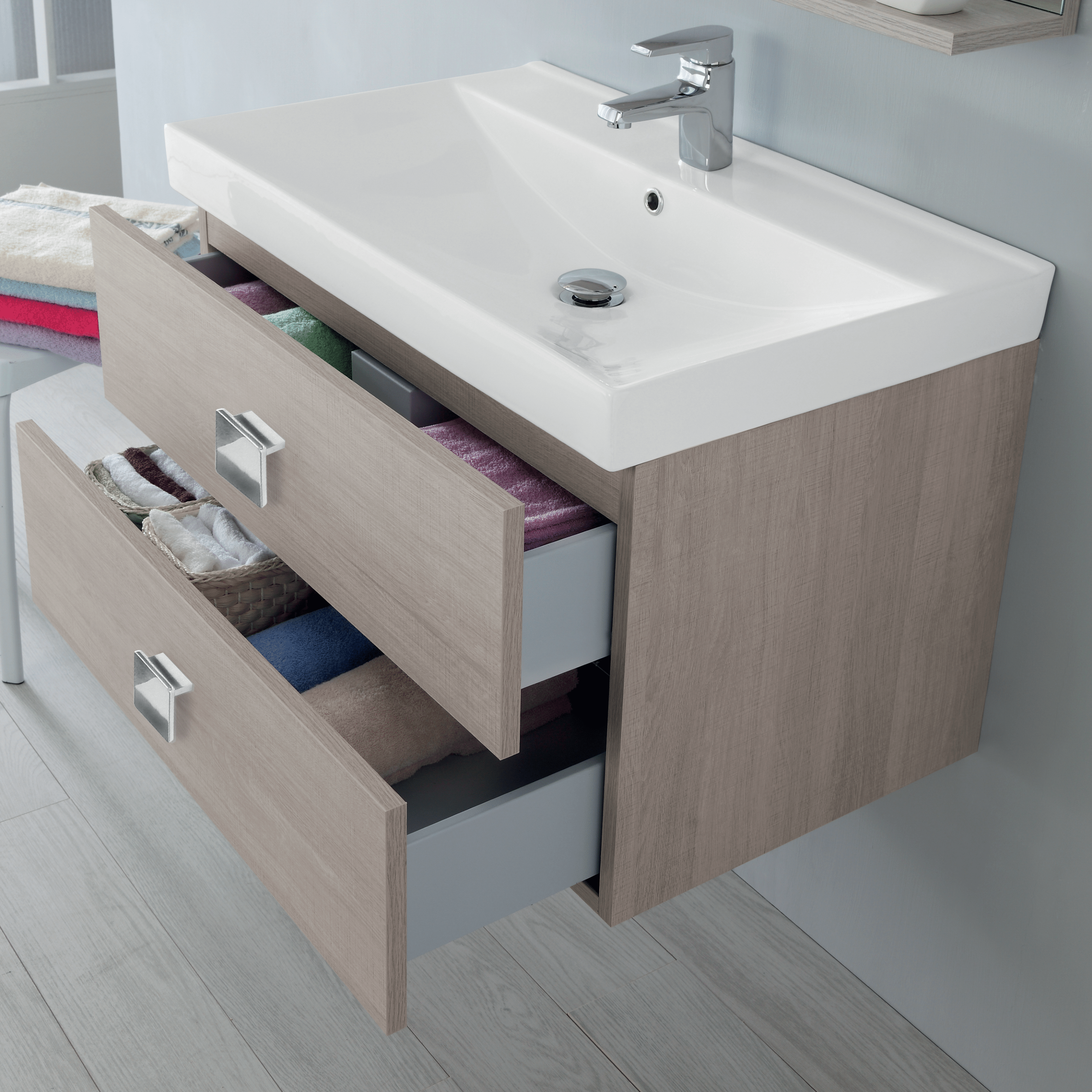 Mobile Bagno Sospeso 75 Cm Due Cassetti Specchio Con Mensola Feridras "Bravo" Rovere Chiaro