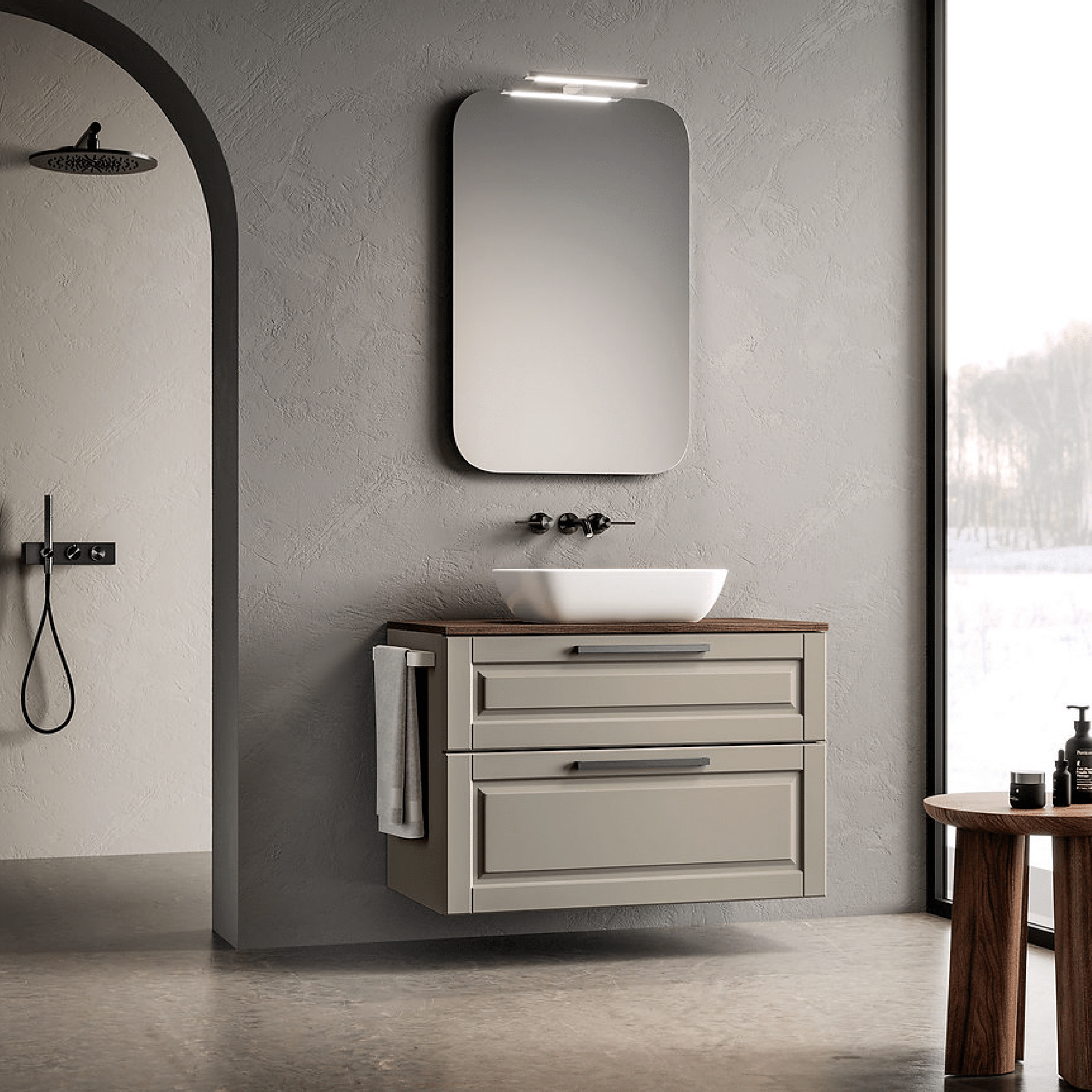 Mobile Bagno Sospeso 90 Cm Due Cassetti Portasciugamani Specchio Con Lampada Led 60x90 Cm ItalBagno "Quadra 142"