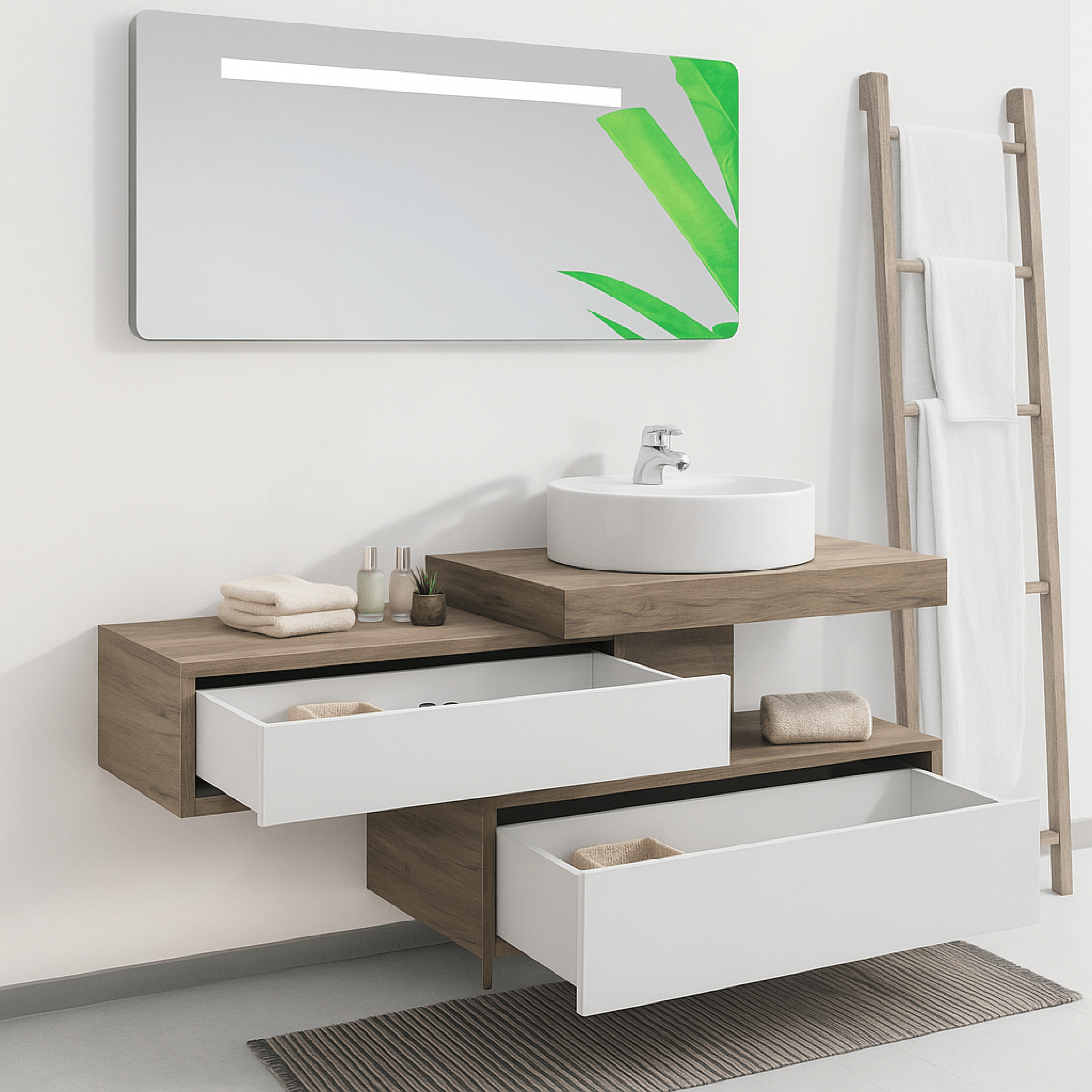 Mobile Bagno Sospeso Sfalsato 90 Cm Due Cassetti Mensolone Top Specchio Con Barra Led 117x70 Cm Esseci Arredo Bagno "Otello"