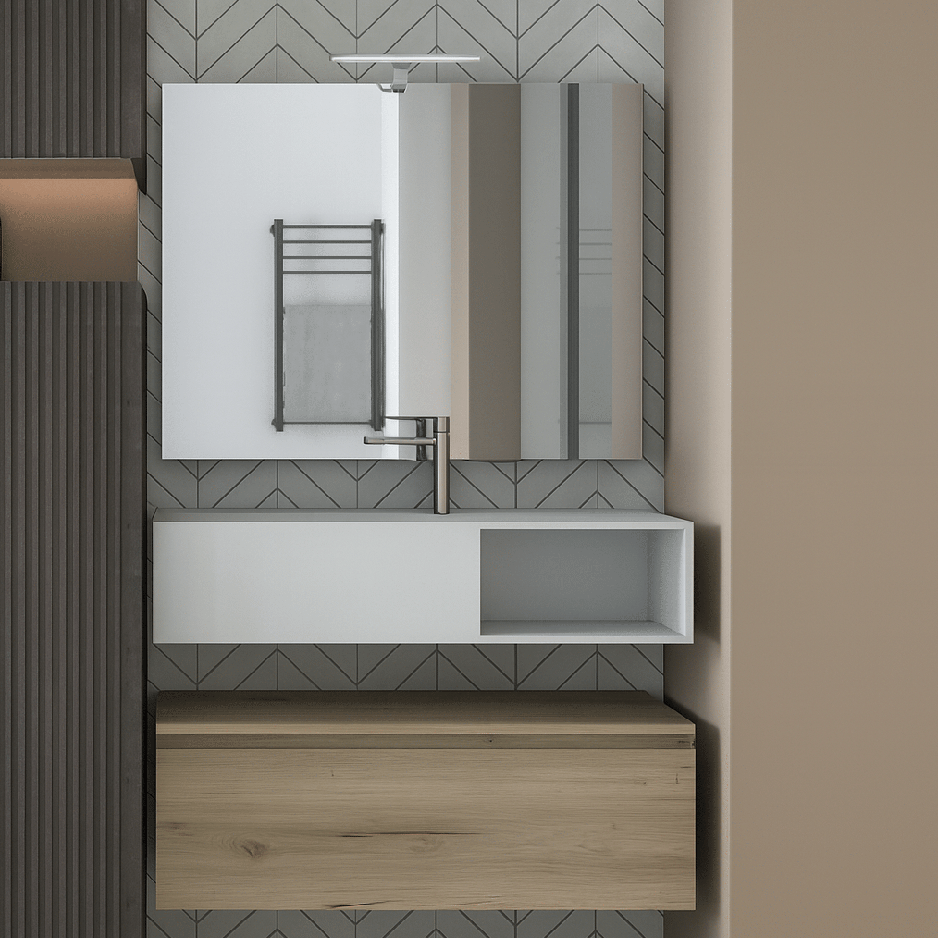 Mobile Bagno Sospeso 80 Cm Un Cassetto Specchio Con Lampada Led 80x60 Cm Esseci Arredo Bagno "Surface"