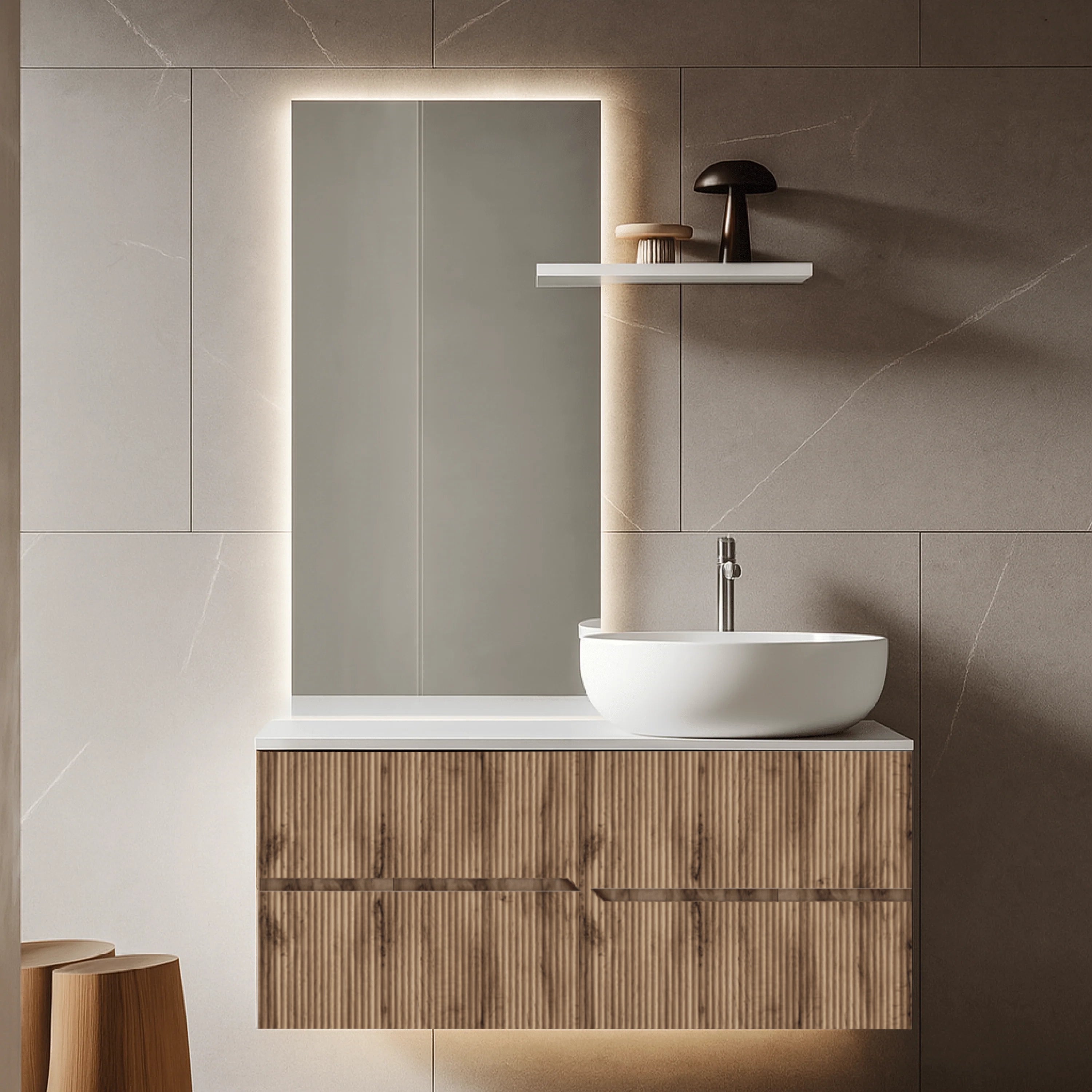 Mobile Bagno Sospeso Cannettato 90 Cm Due Cassetti Specchio Led Con Touch 60x90 Cm ItalBagno "Victor"