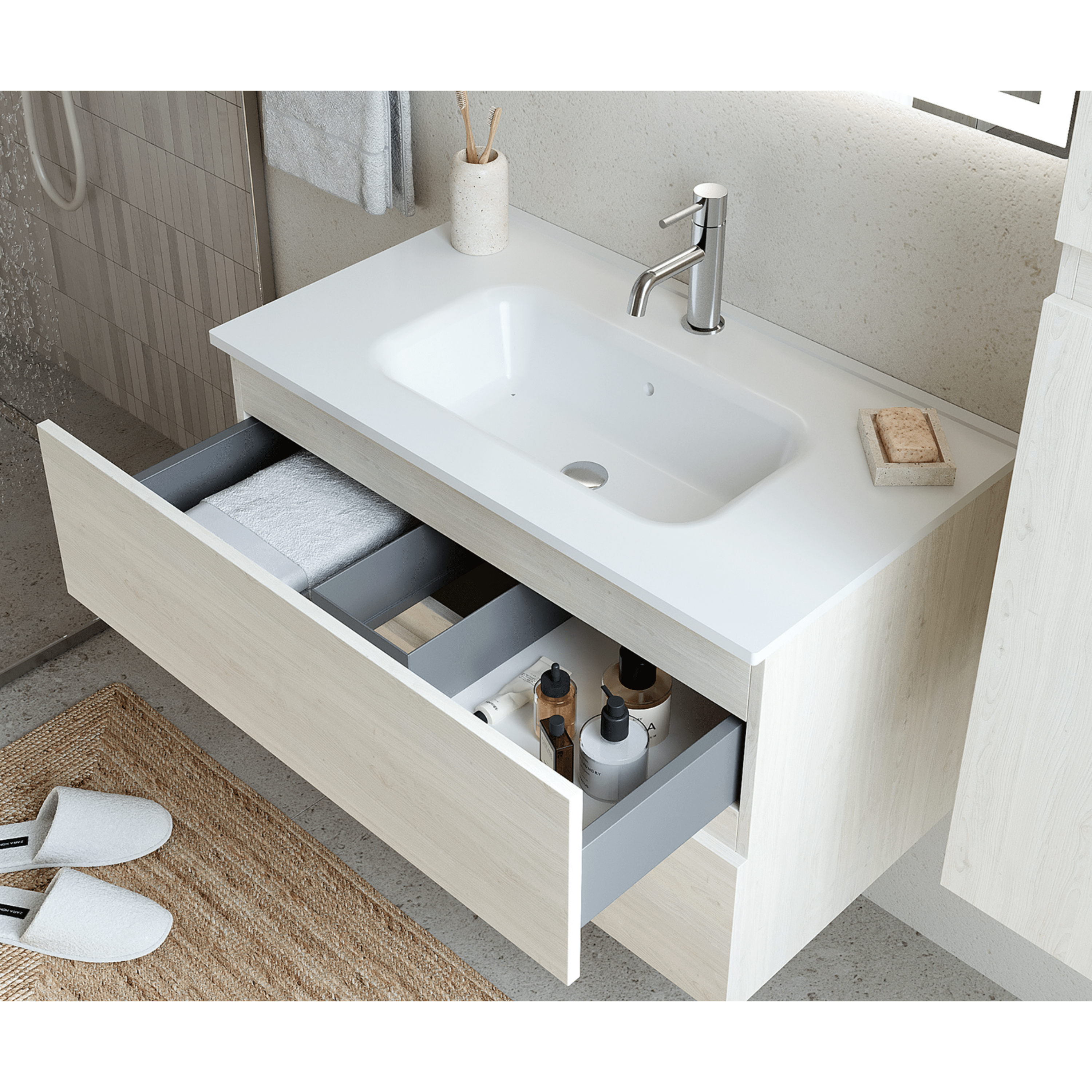 Mobile Bagno Sospeso 100 Cm Due Cassetti Specchio Con Lampada Led 100x60 Cm Savini Due "Easy" Rovere Bianco