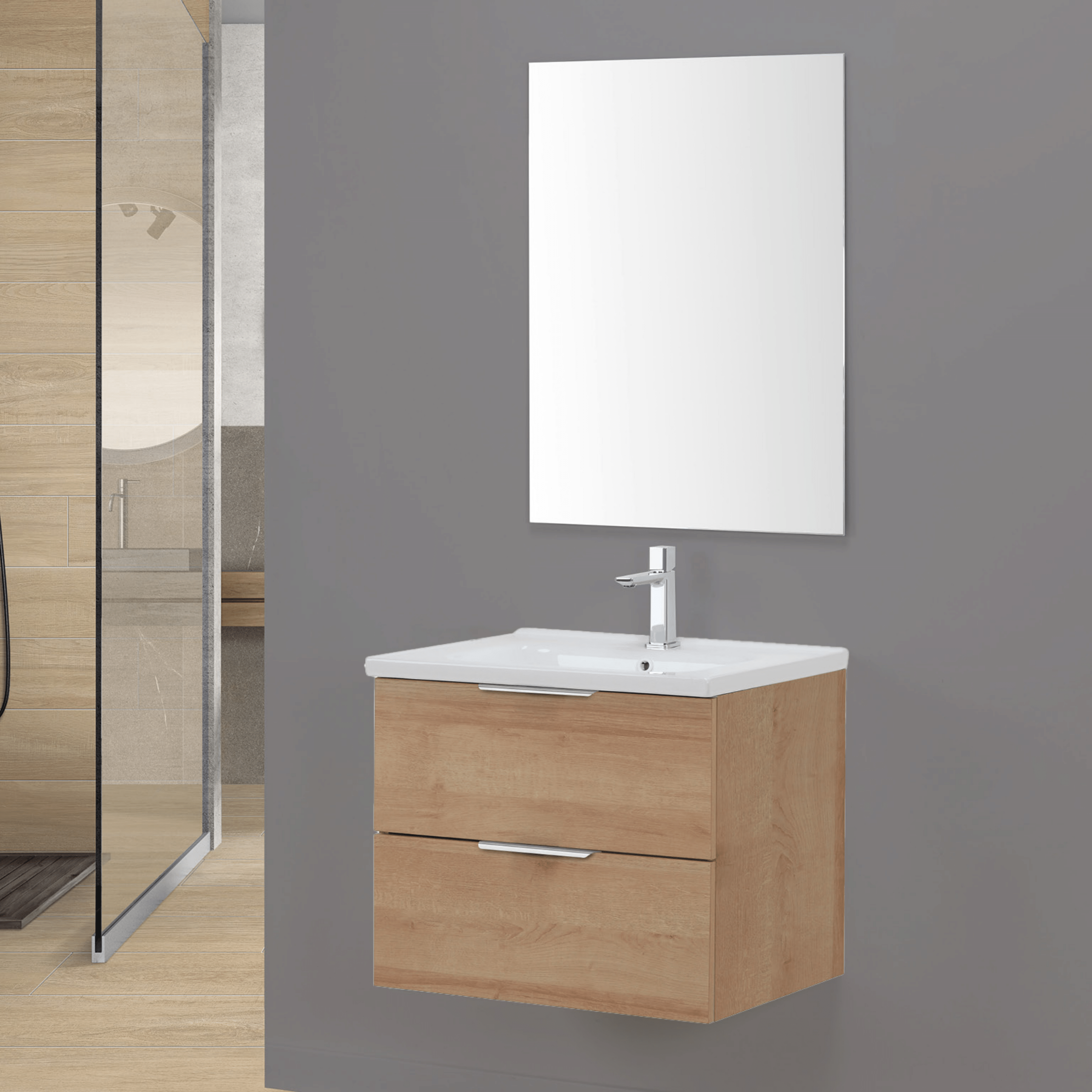 Mobile Bagno Sospeso 60 Cm Due Cassetti Specchio a Filo 60x80 Cm Feridras "Rialto" Rovere