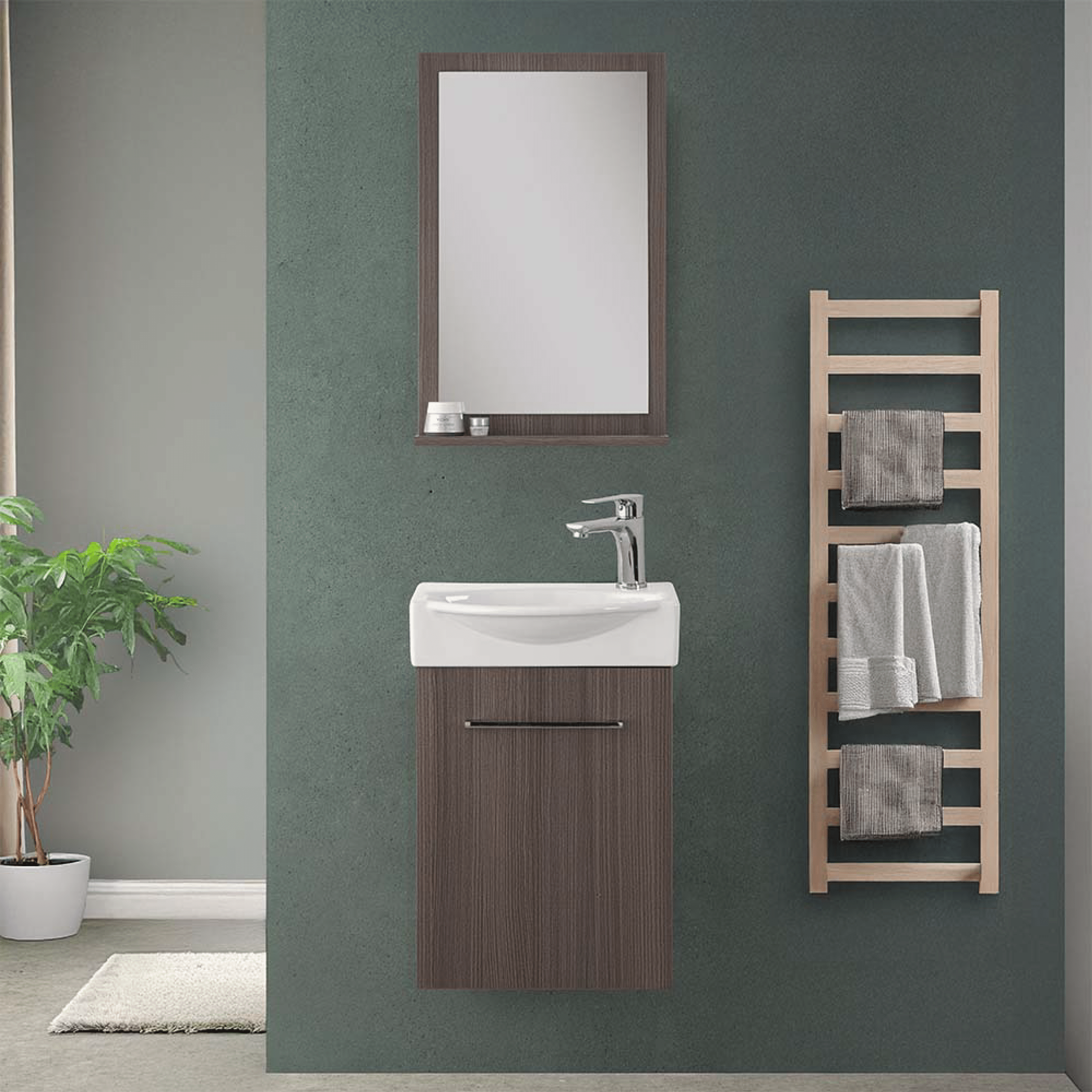 Mobile Bagno Sospeso 39 Cm Un'Anta Specchio Su Pannello Con Mensola 39x60 Cm Feridras "Elys" Rovere Scuro